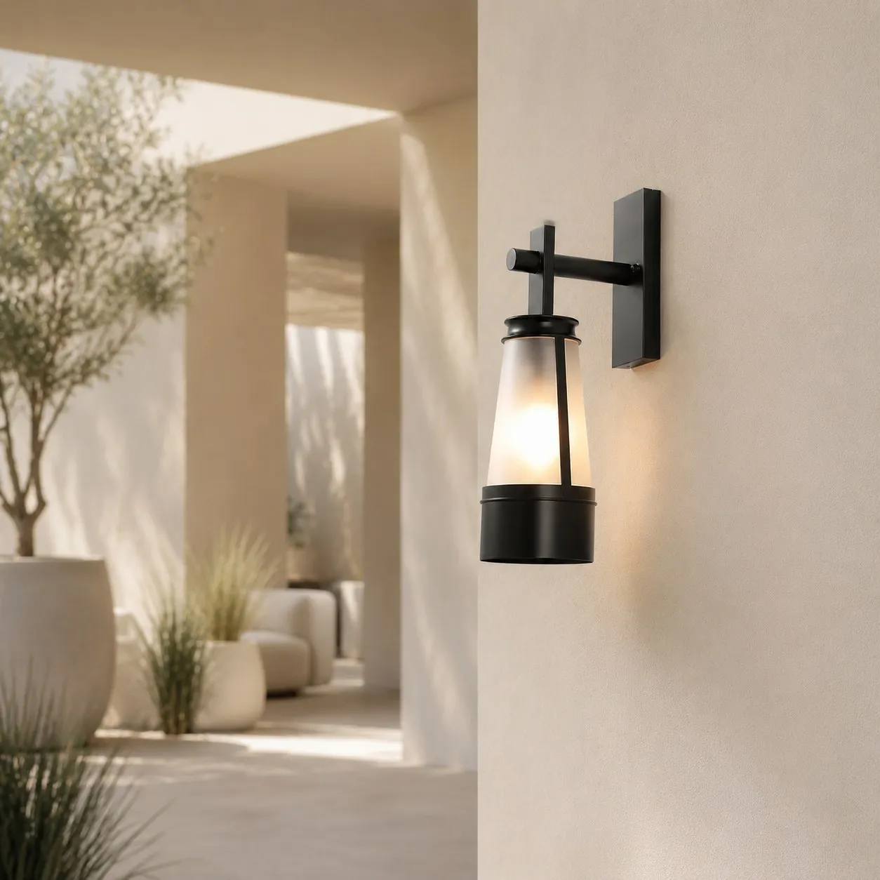 Vintage black outdoor wall lantern in a covered exterior setting 3