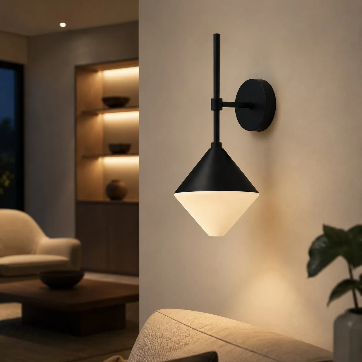 black and white waterproof wall sconce on an exterior wall beside a window