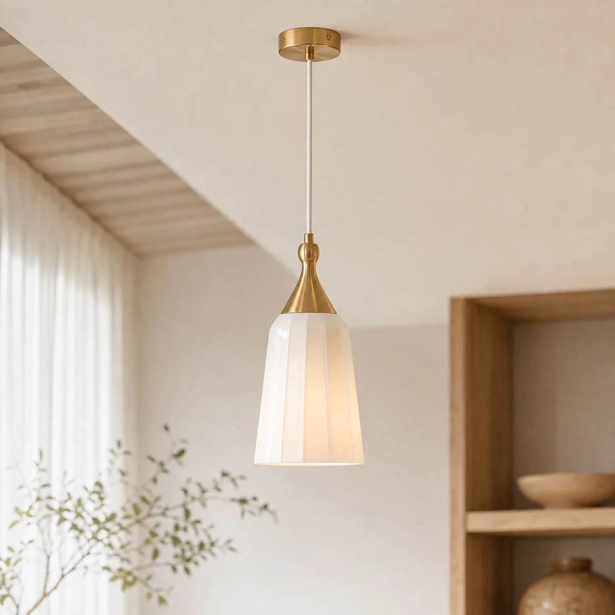 Tall shade white pendant chandelier in a room