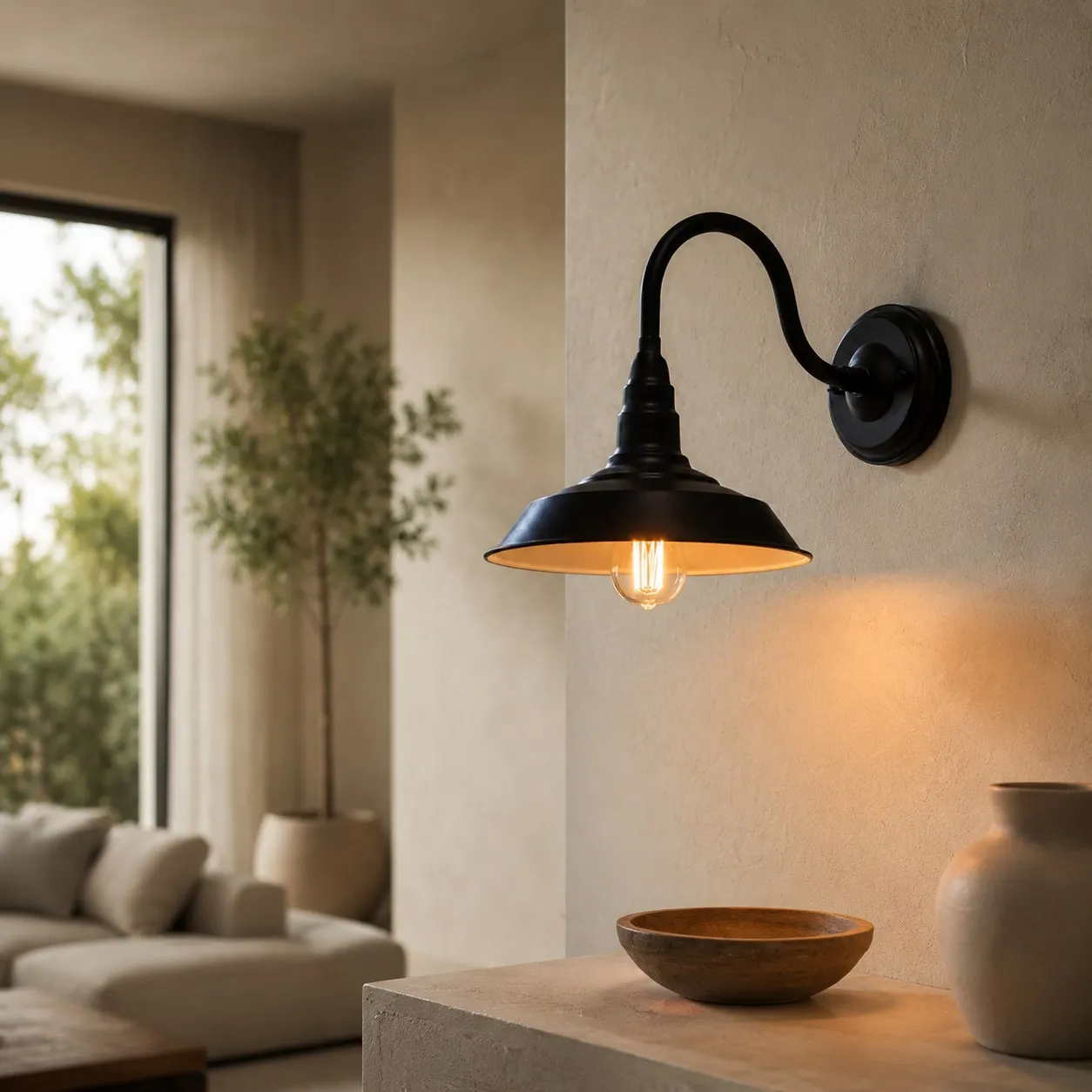 Industrial wall sconce beside window and shelf