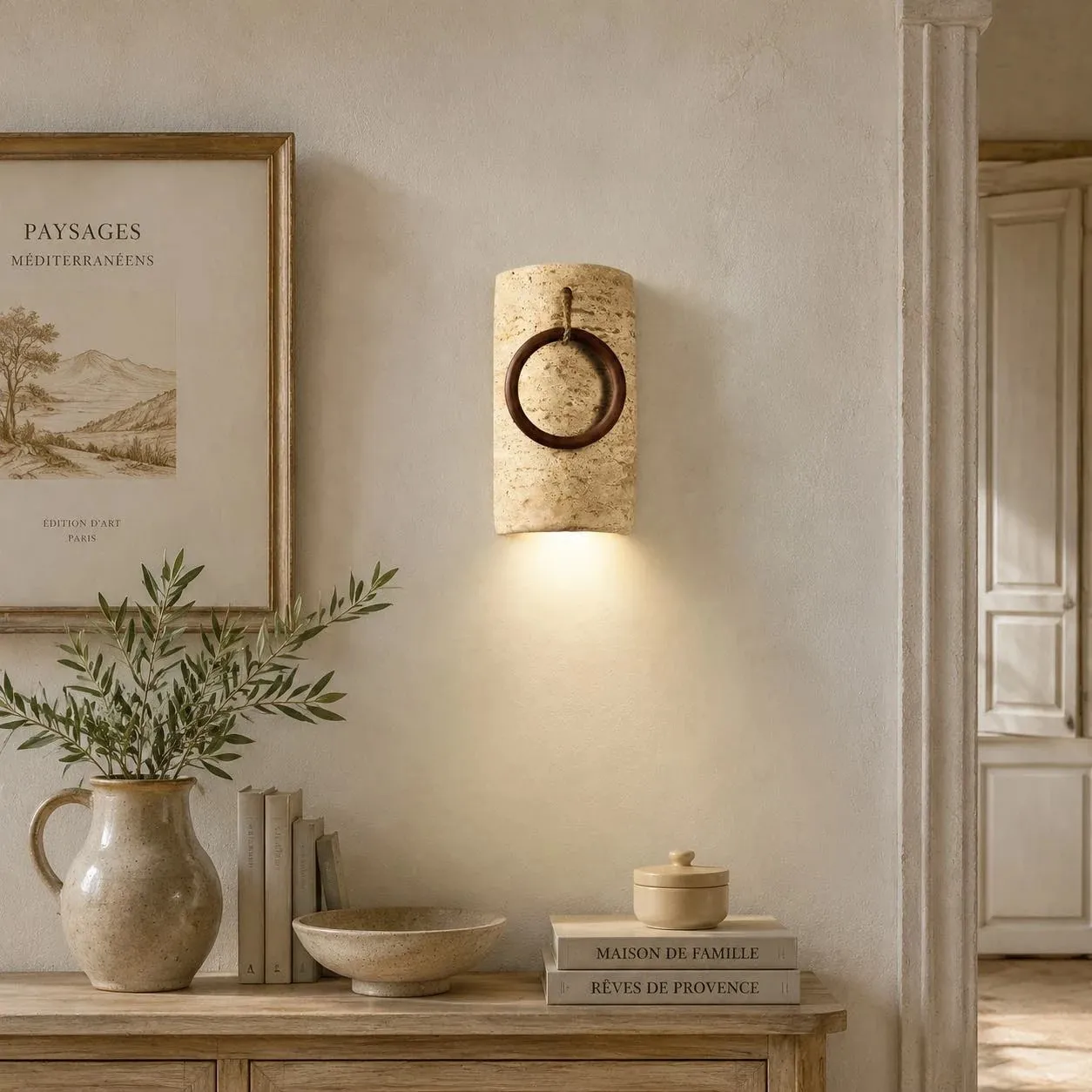 Travertine wood ring wall sconce detail