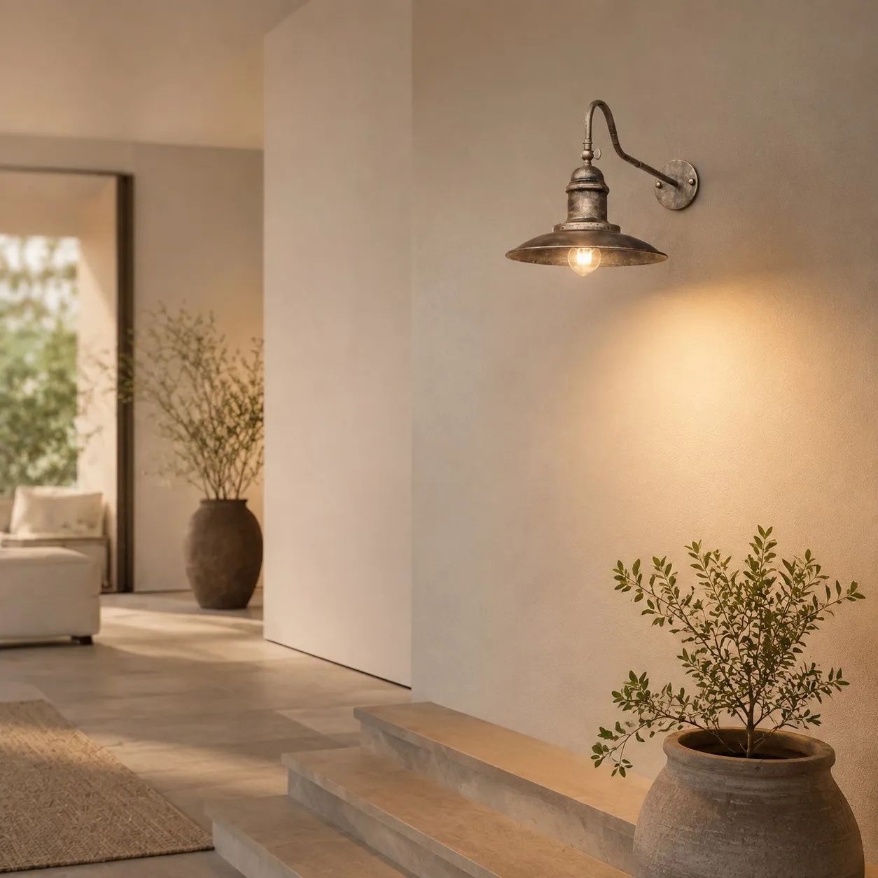 Outdoor wall sconces installed along a courtyard wall