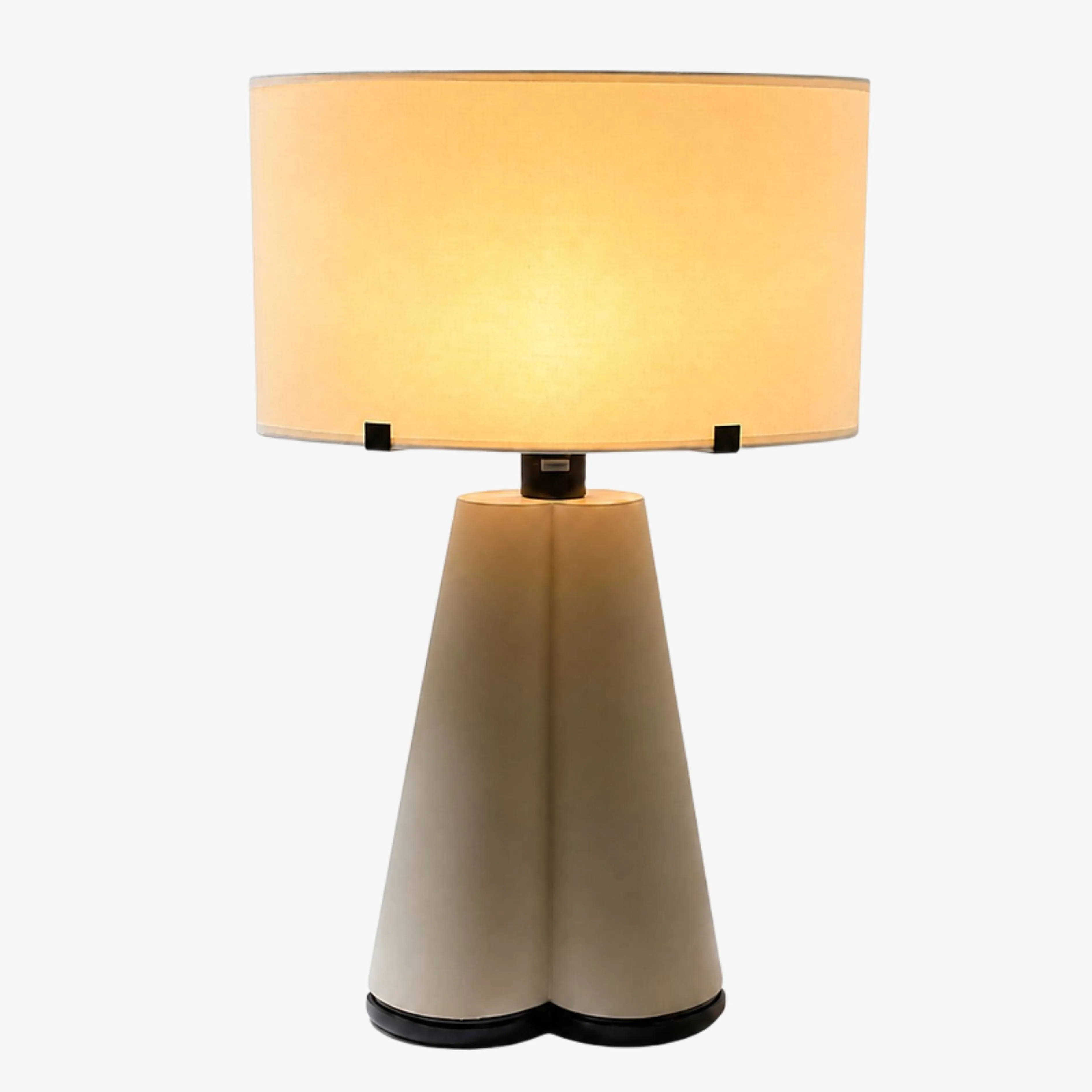Beige leather twin cone table lamp with cream fabric shade