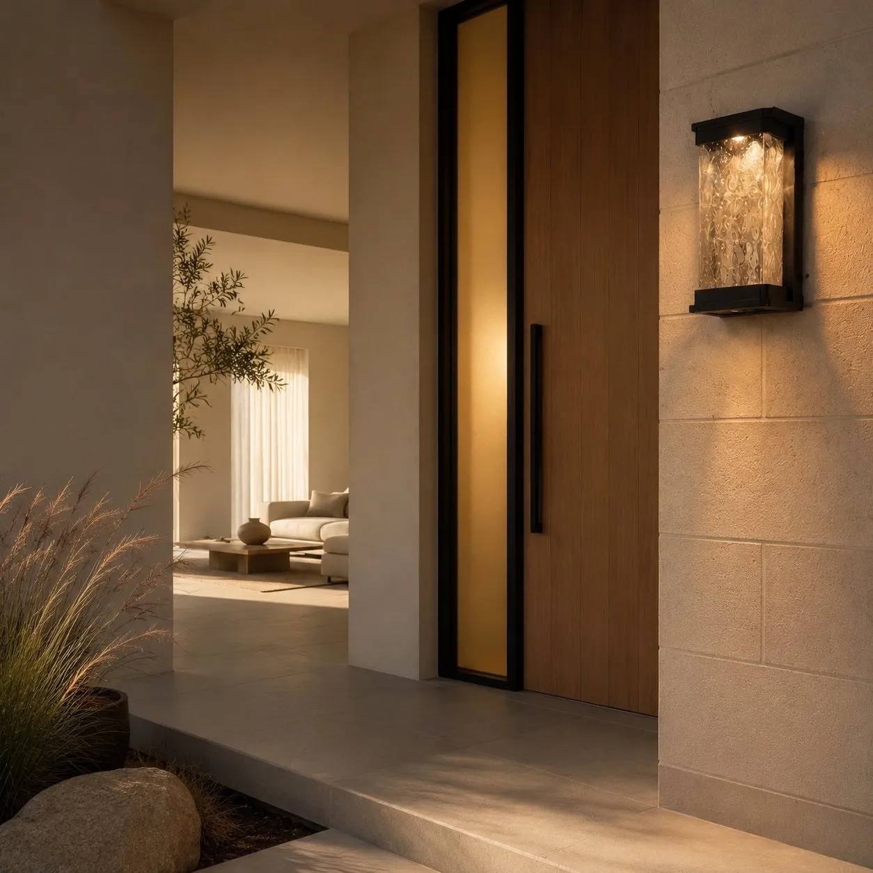 Outdoor wall light mounted beside a garden wall