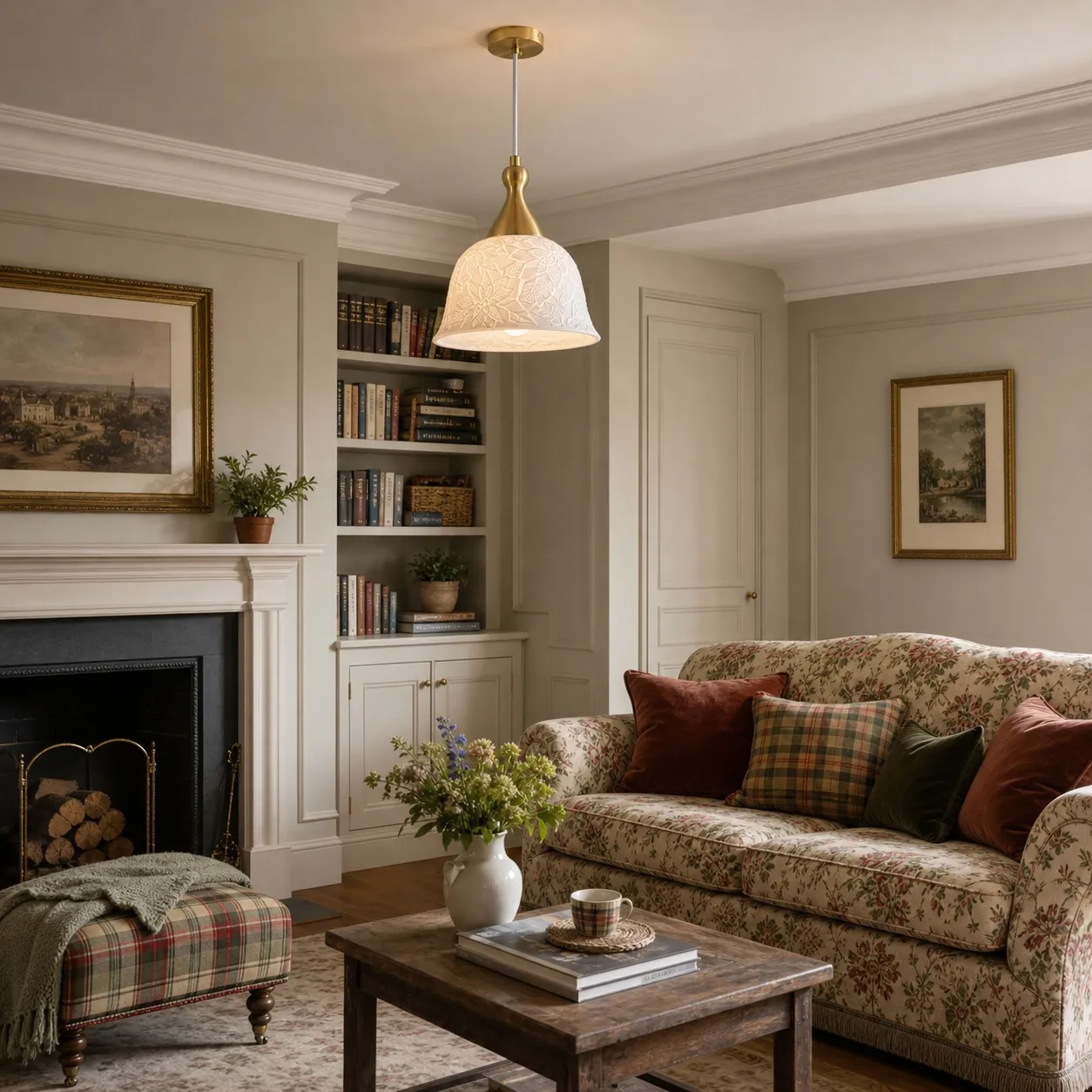 French style white pendant chandelier in a sitting room