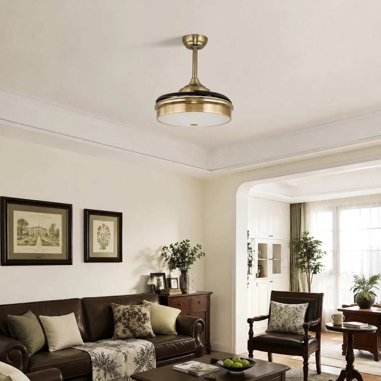 Ceiling fan light in a bright corner living room