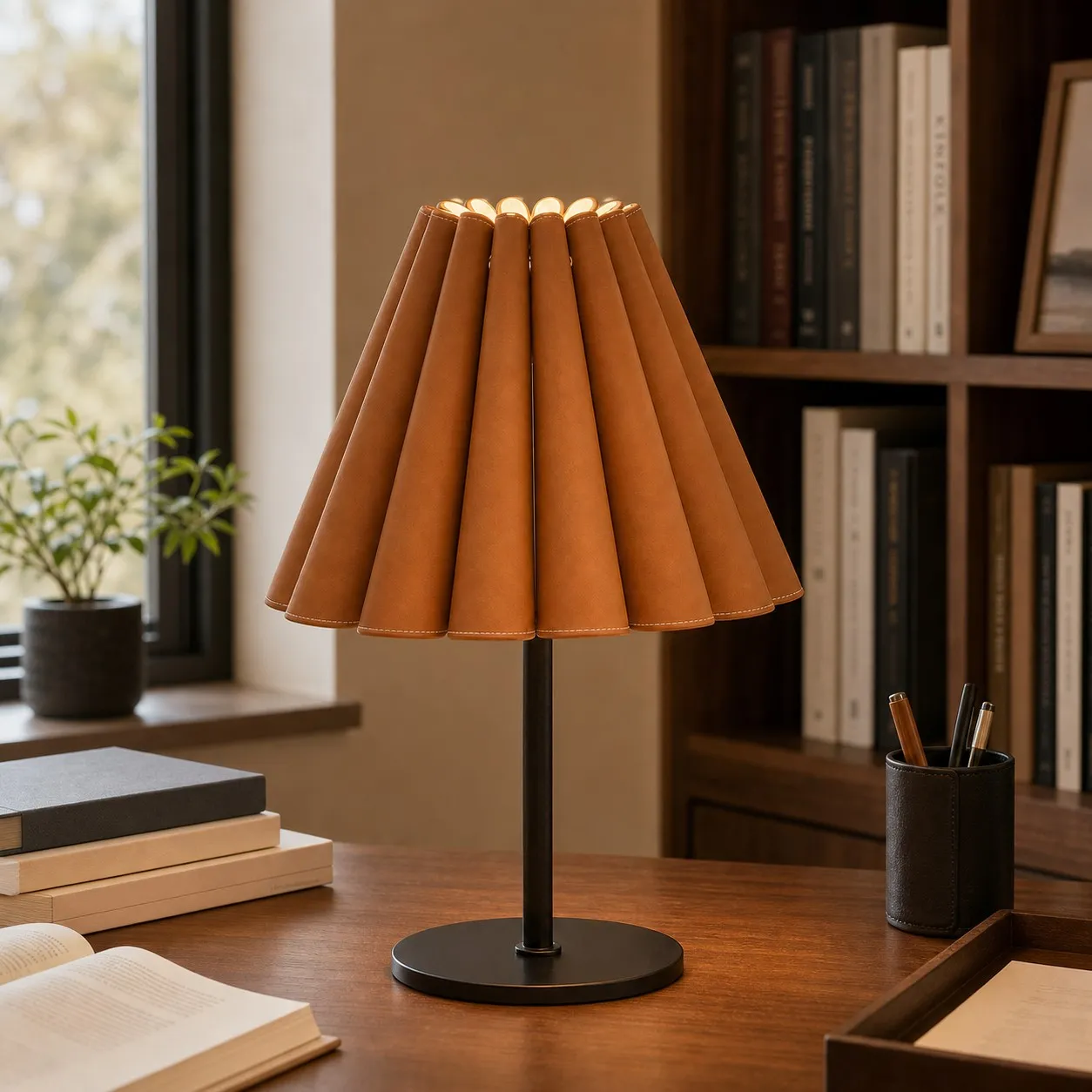 Caramel brown leather table lamp on a study desk
