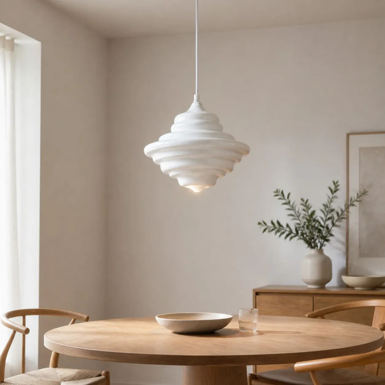 White glass pendant light in a bright dining room