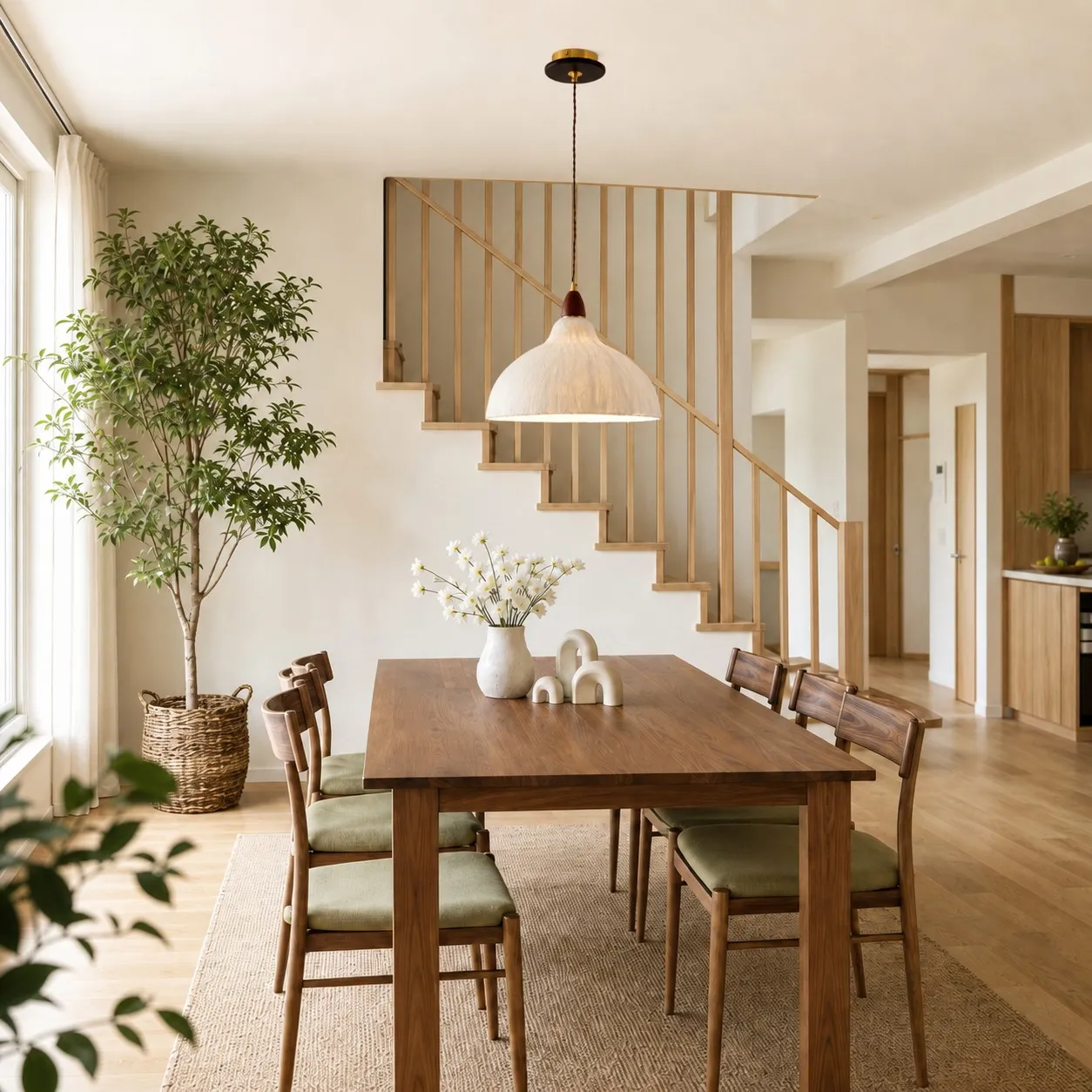 Dome rice paper pendant light in a dining room
