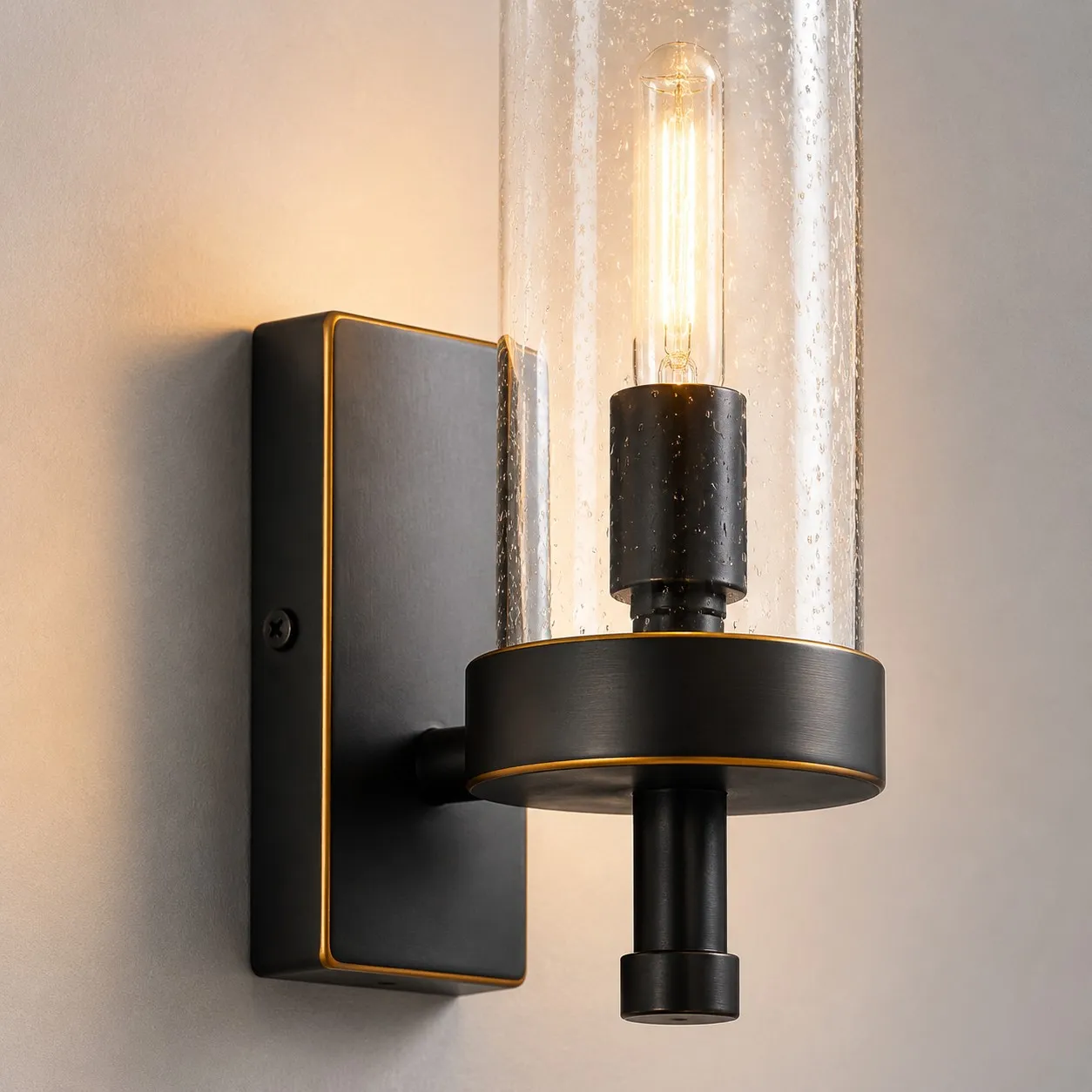 Close view of lit wall sconce body