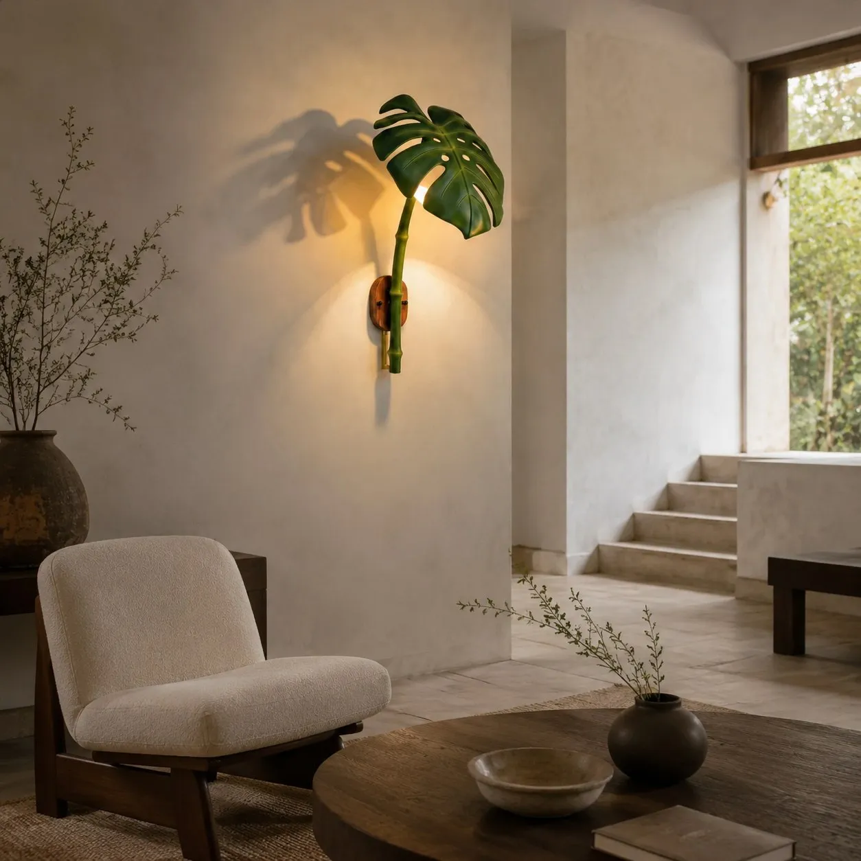 Botanical wall light in an exterior setting