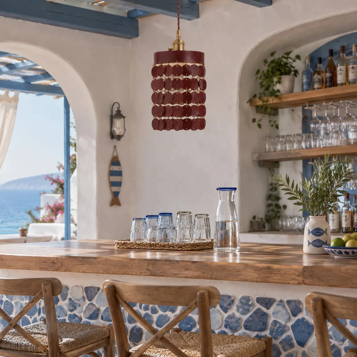 Brown leather pendant light in a Mediterranean kitchen
