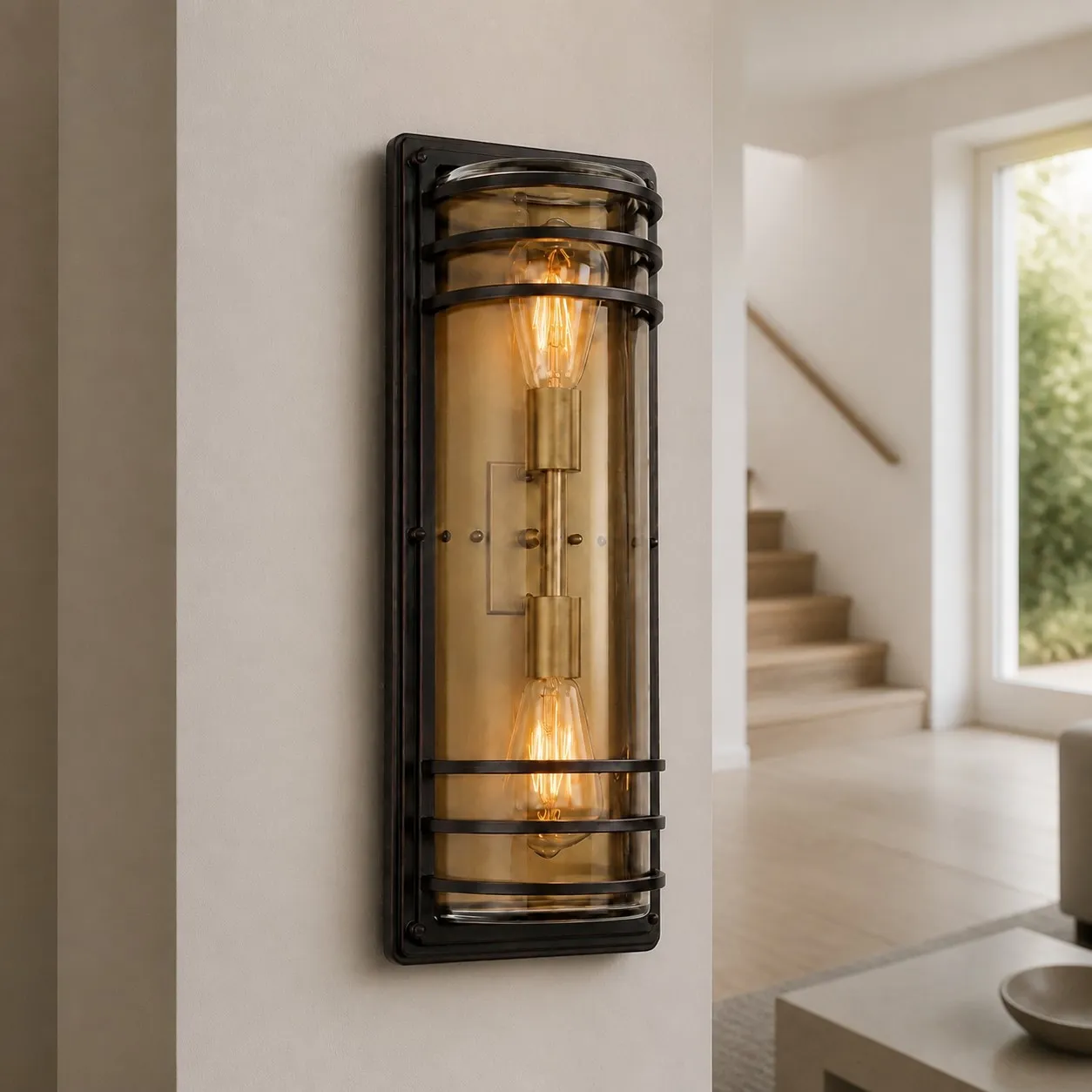 Large bronze glass outdoor wall sconce installed on a porch wall