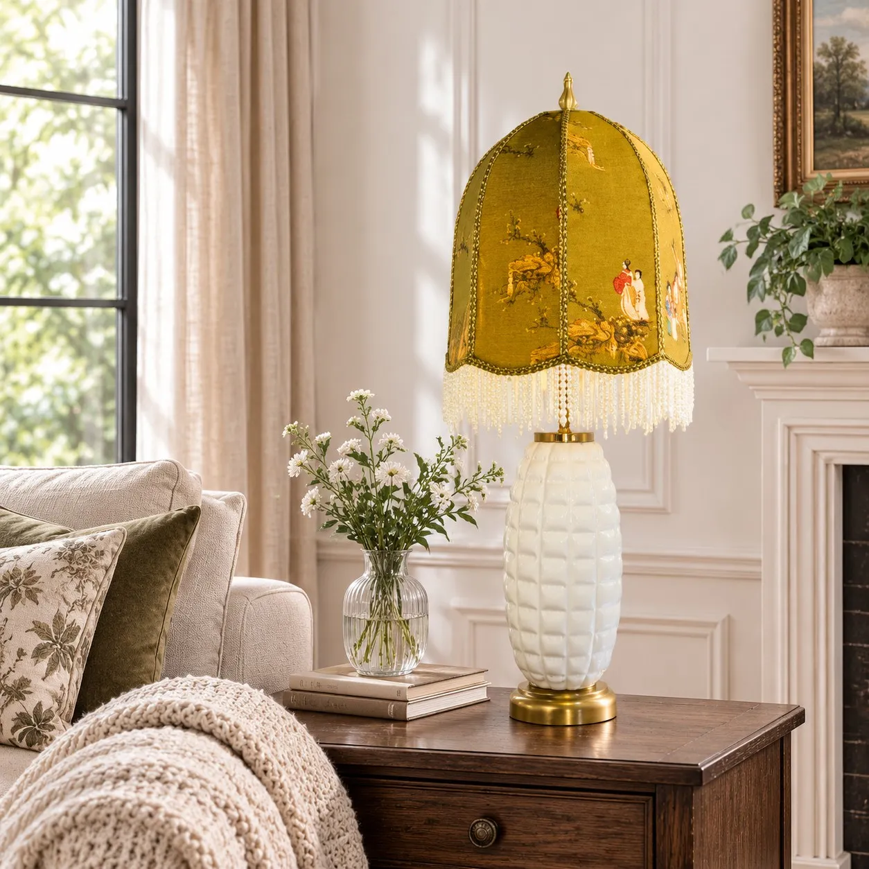 Vintage ceramic table lamp beside a sofa in a bright living room