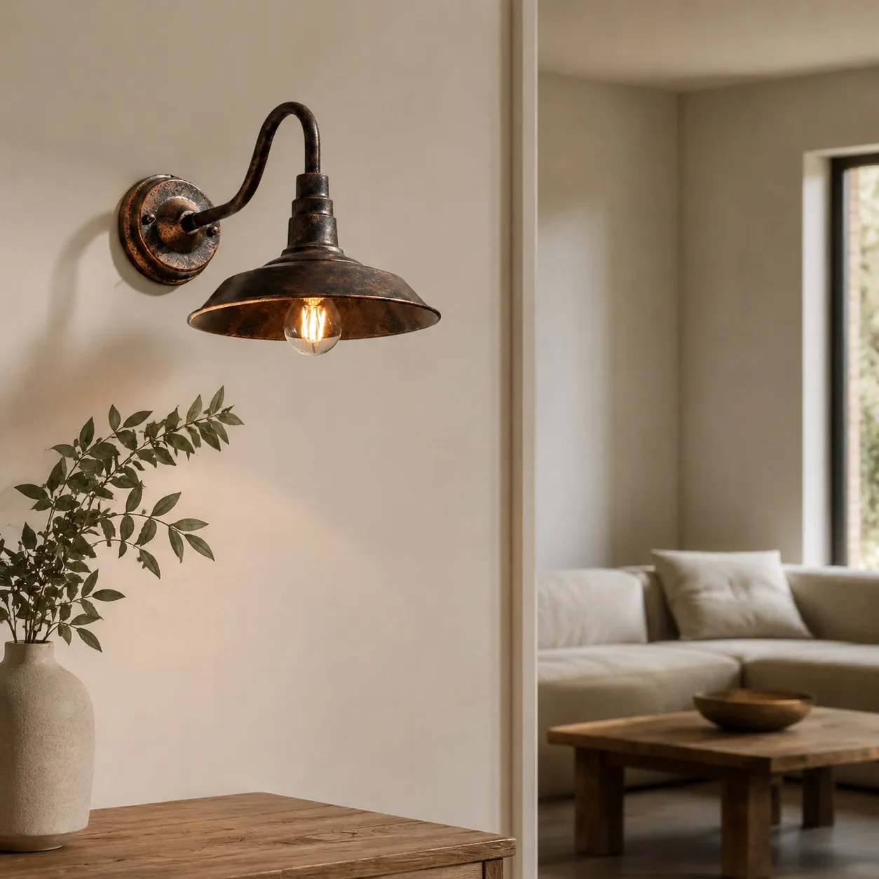 Rustic wall light casting warm shadows outdoors