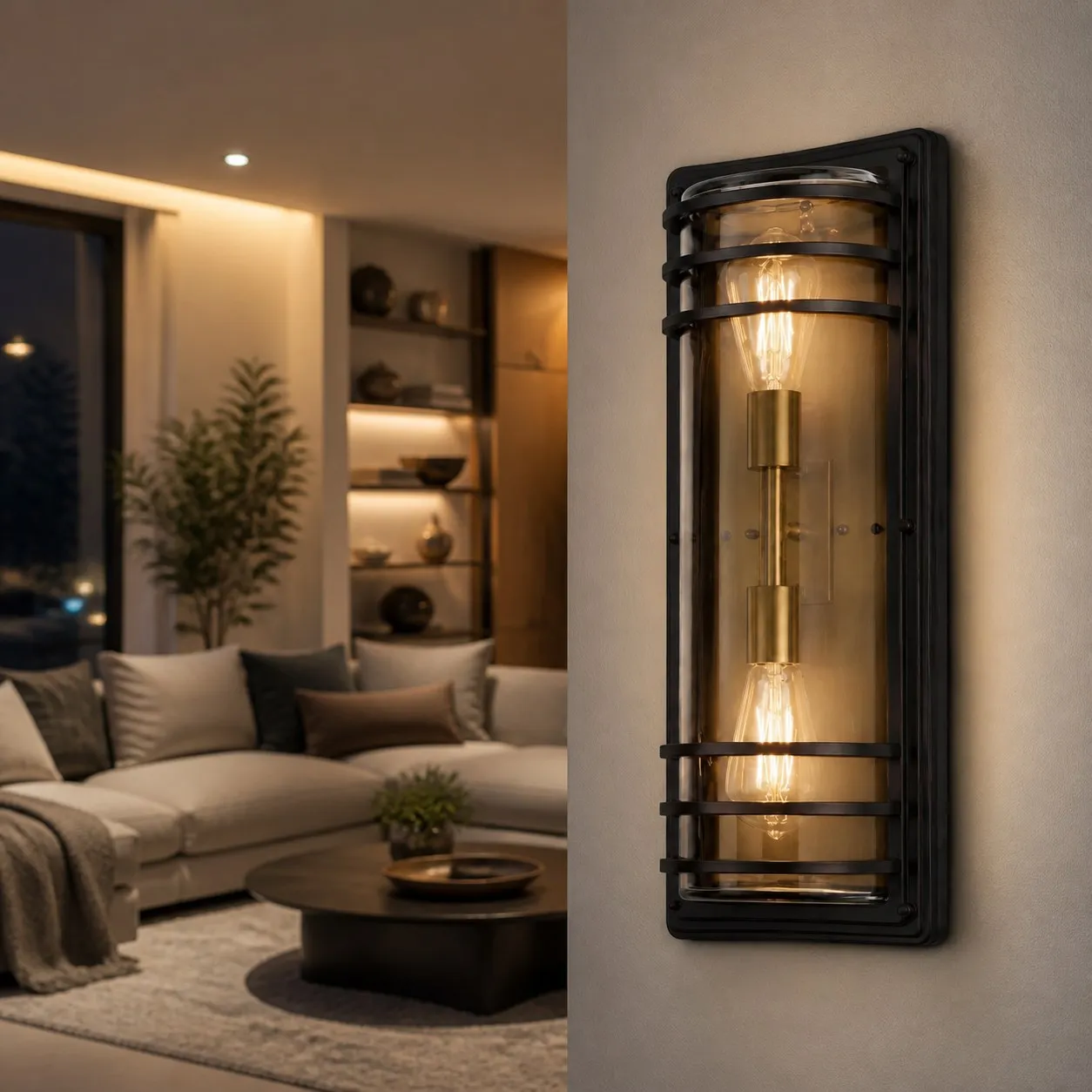 Large bronze glass outdoor wall sconce glowing on a stone wall
