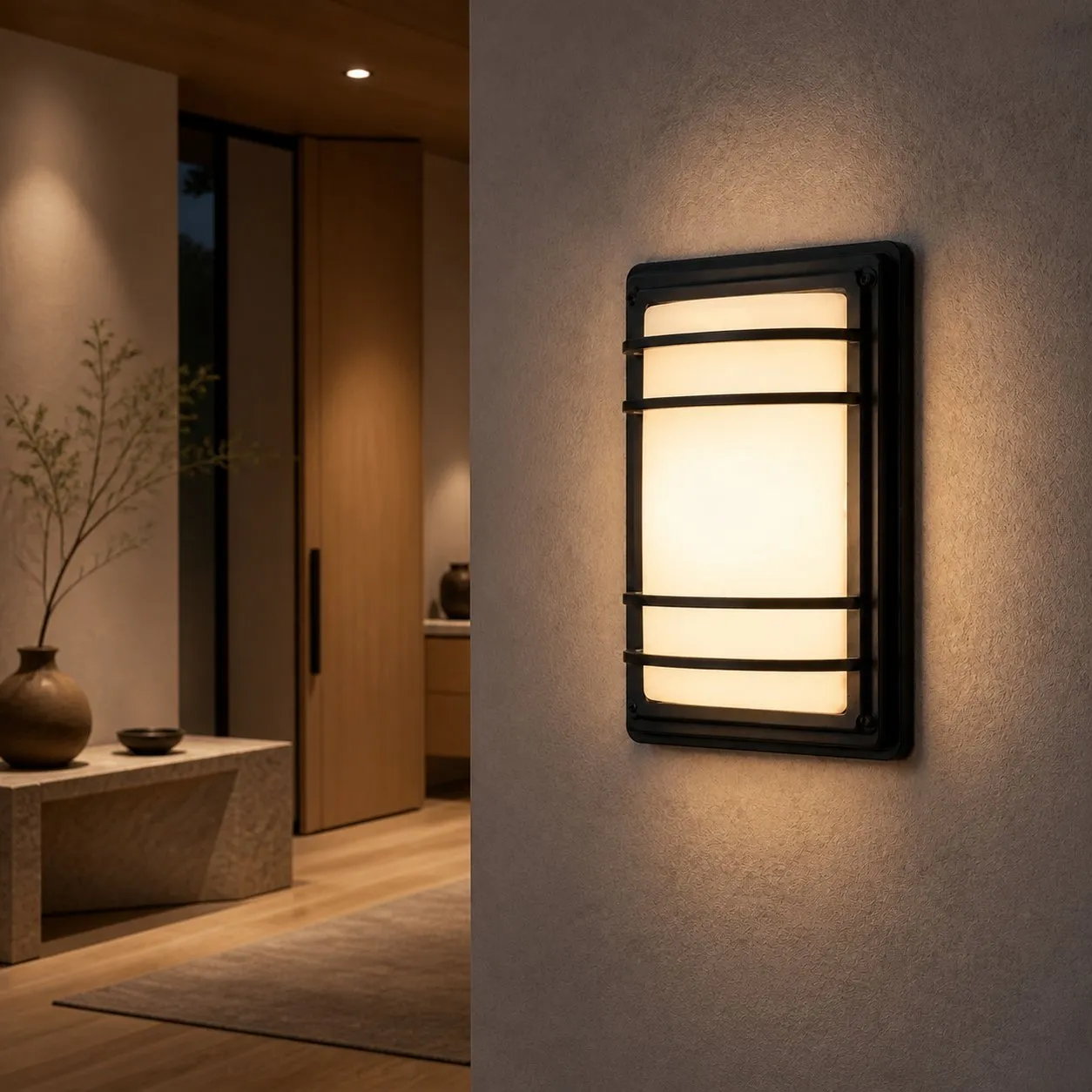 Outdoor wall light installed on an exterior wall at night