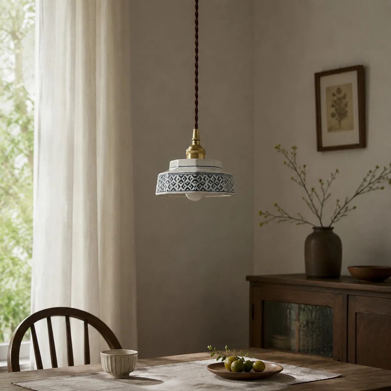 blue floral ceramic pendant light in a dining room
