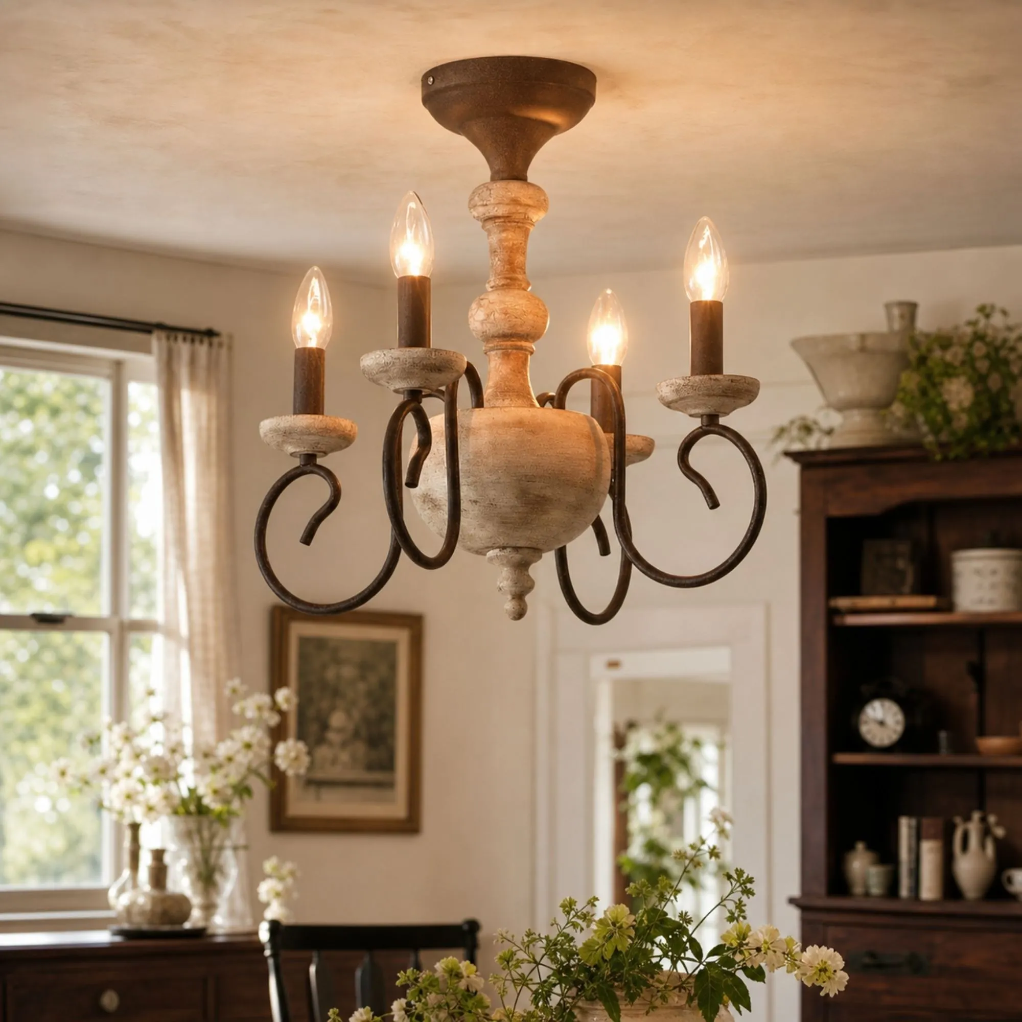 warm lit dining room scene with four light chandelier