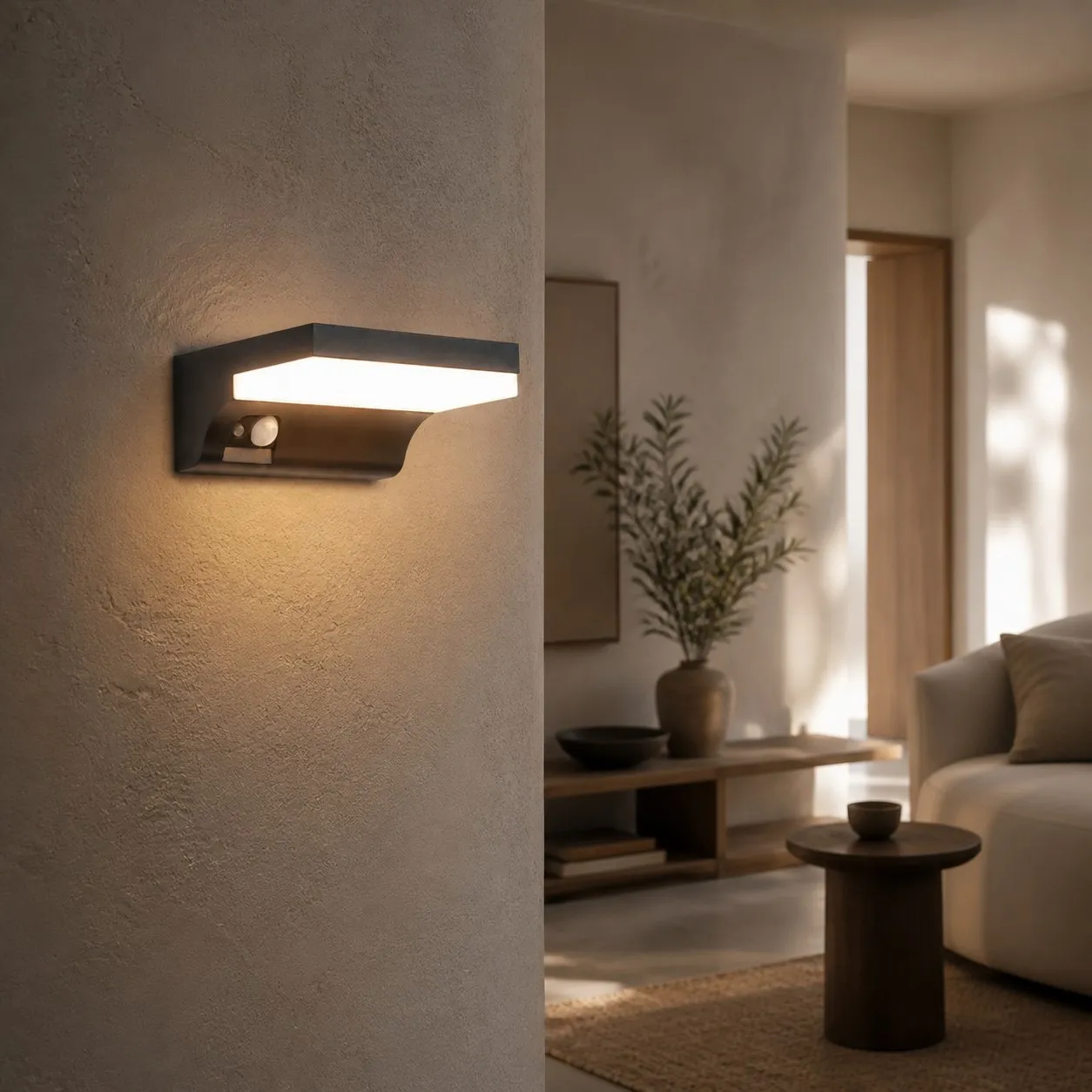 Black outdoor wall lamp installed beside an entry at night