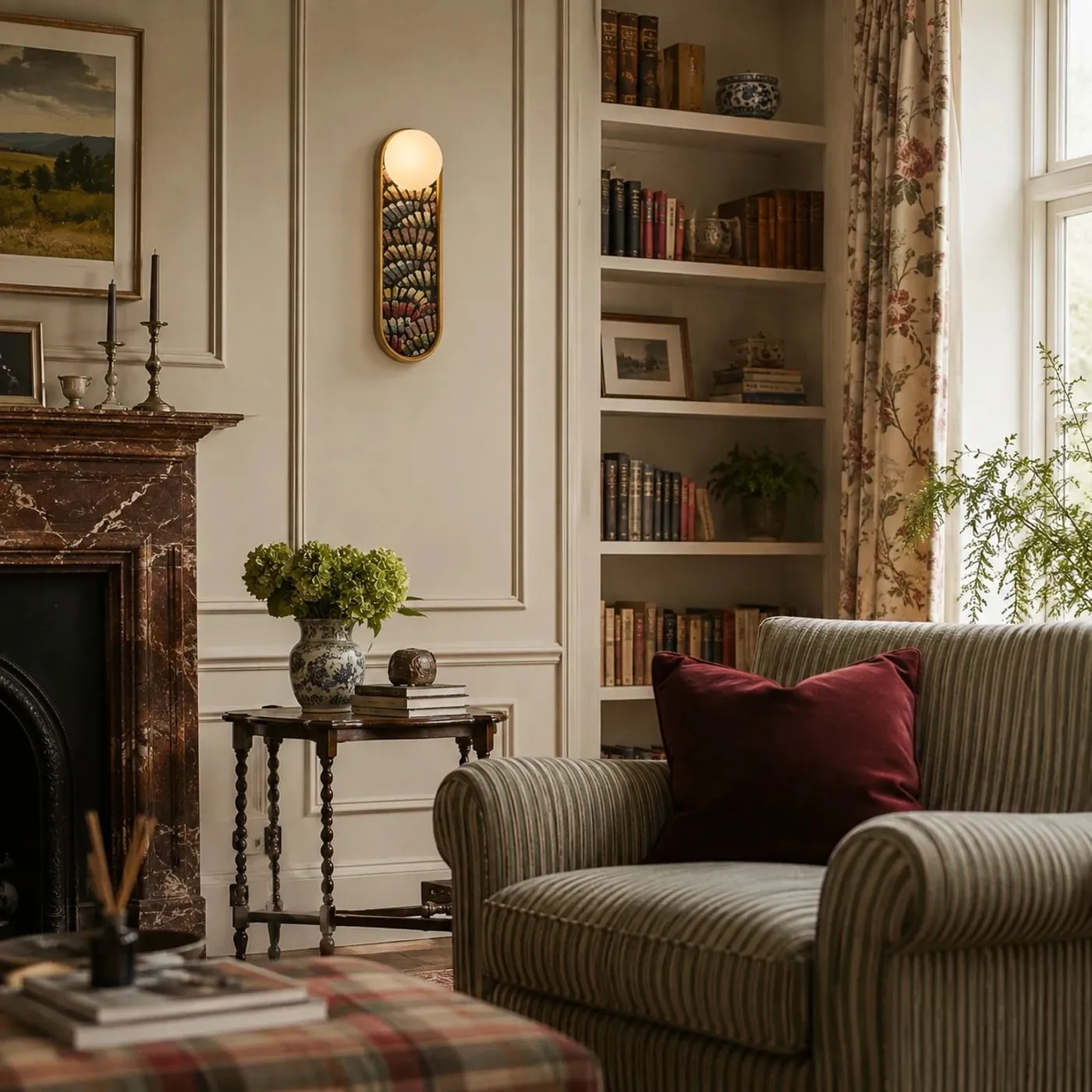Vintage fabric wall sconce in a classic reading room
