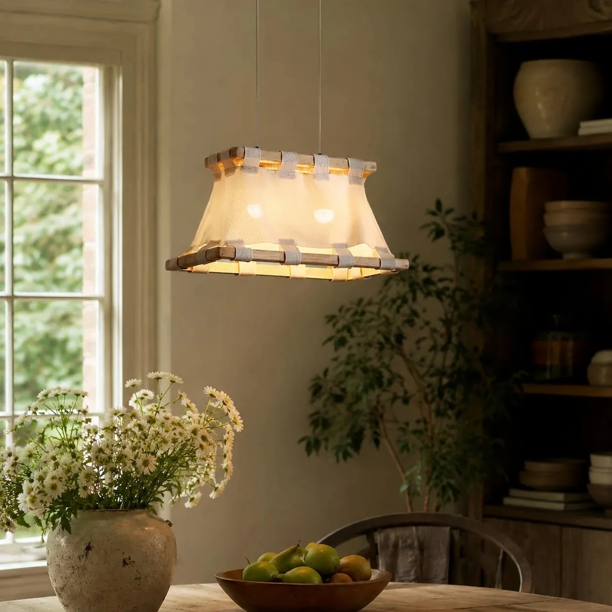 Warm fabric pendant lamp in calm interior