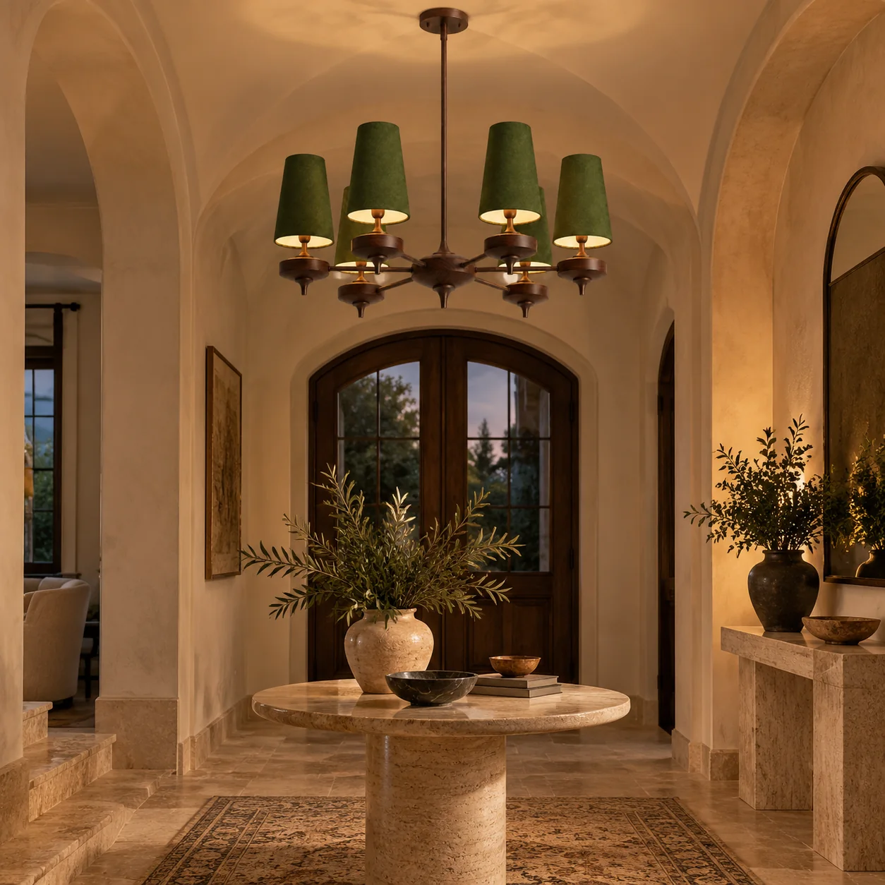 Hour Rho Velvet Chandelier with velvet shades and walnut-toned wood - New2609-1024560 interior scene