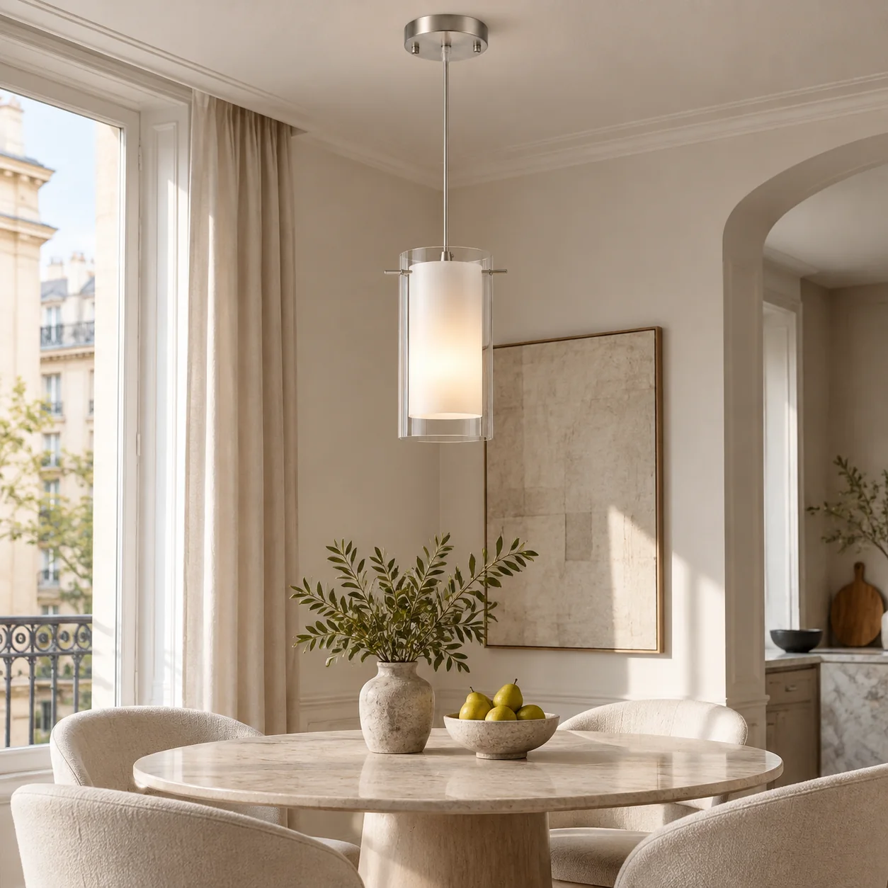 Double Glass Pendant Light with clear and white glass and a modern profile - New2609-1024586 interior scene