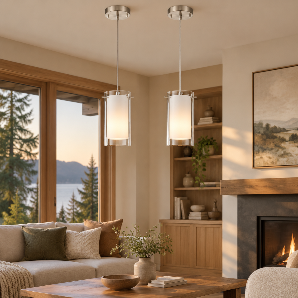 Double Glass Pendant Light with clear and white glass and a modern profile - New2609-1024585 interior scene