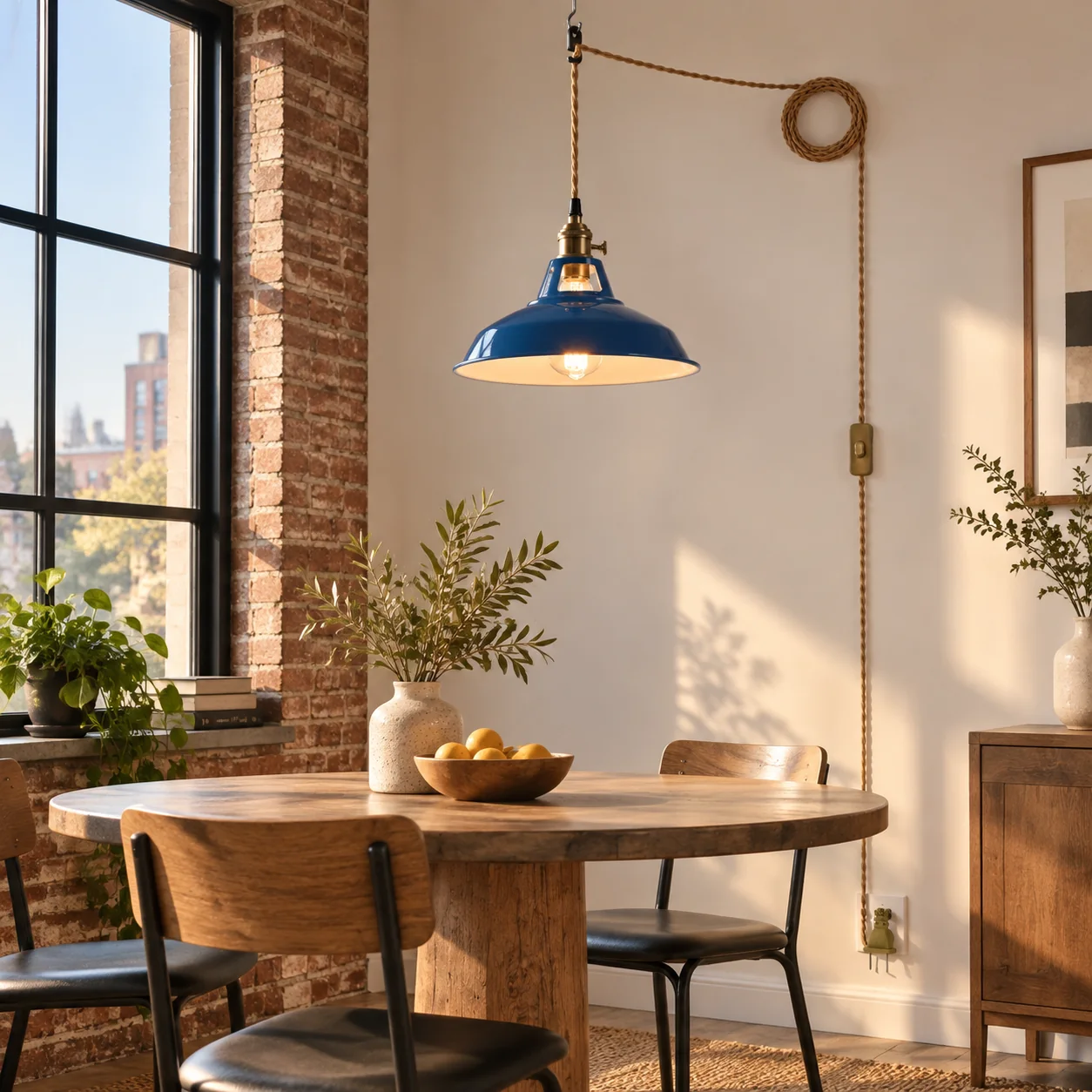 Farmhouse Plug-In Pendant with a braided cord and shade colour choices - New2609-1024606 interior scene