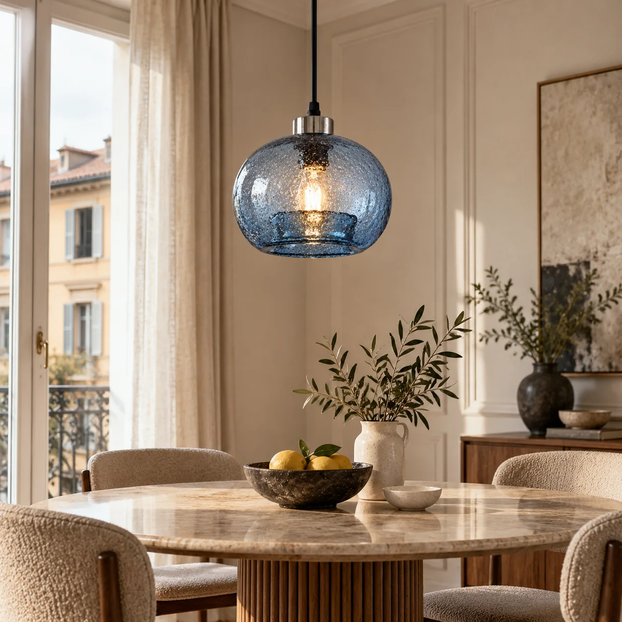 Textured Glass Globe Pendant with marble glass options and single or pair sets - New2609-1024574 interior scene