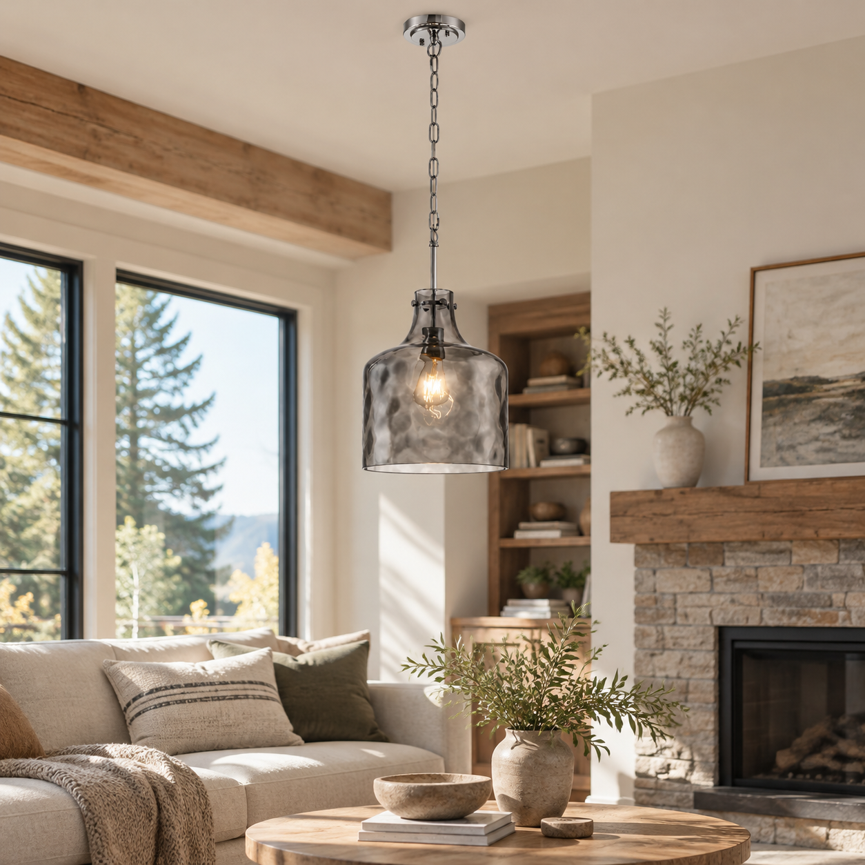 Vintage Glass Pendant Light with hammered or seeded glass and blue or smoked glass - New2609-1024512 interior scene