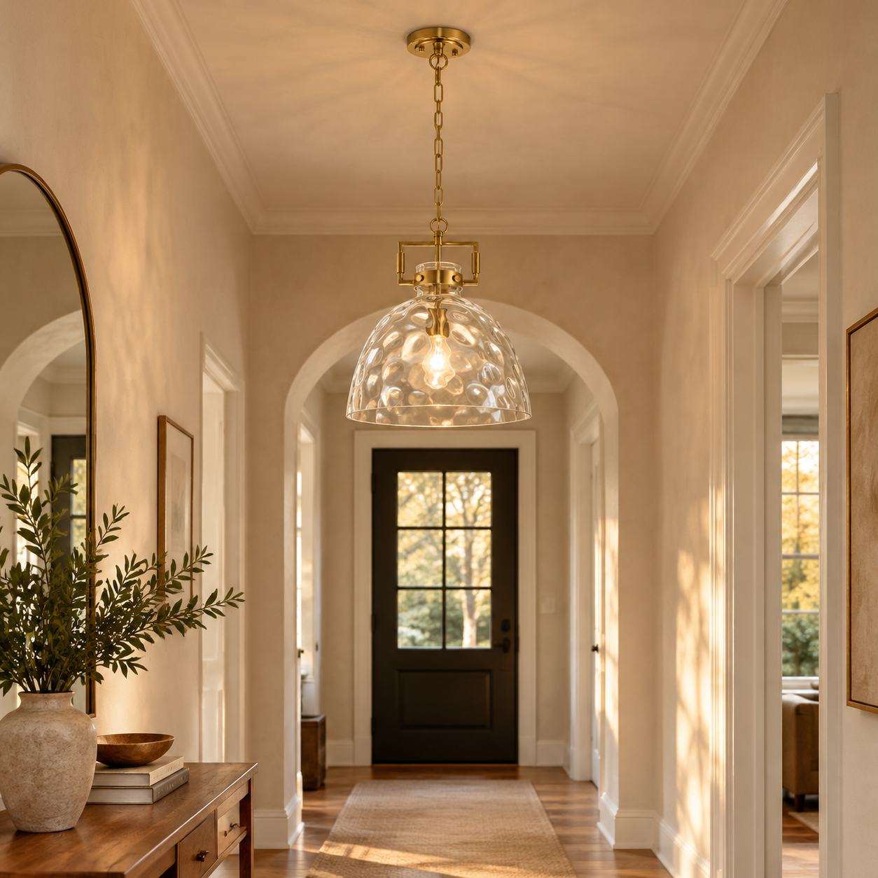 Hammered Glass Pendant Light with three metal finishes and minimal hardware - New2609-1024497 interior scene