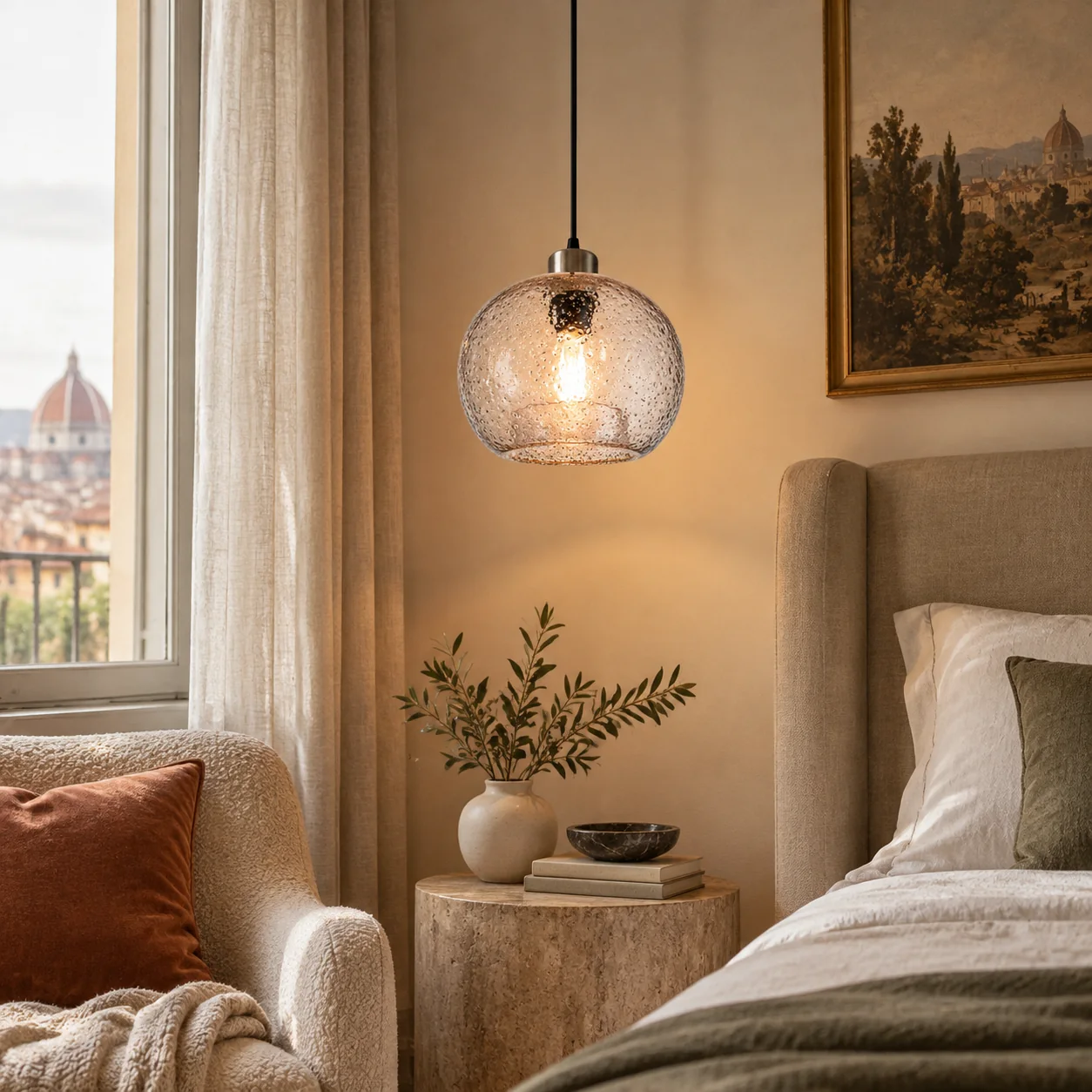 Textured Glass Globe Pendant with marble glass options and single or pair sets - New2609-1024576 interior scene