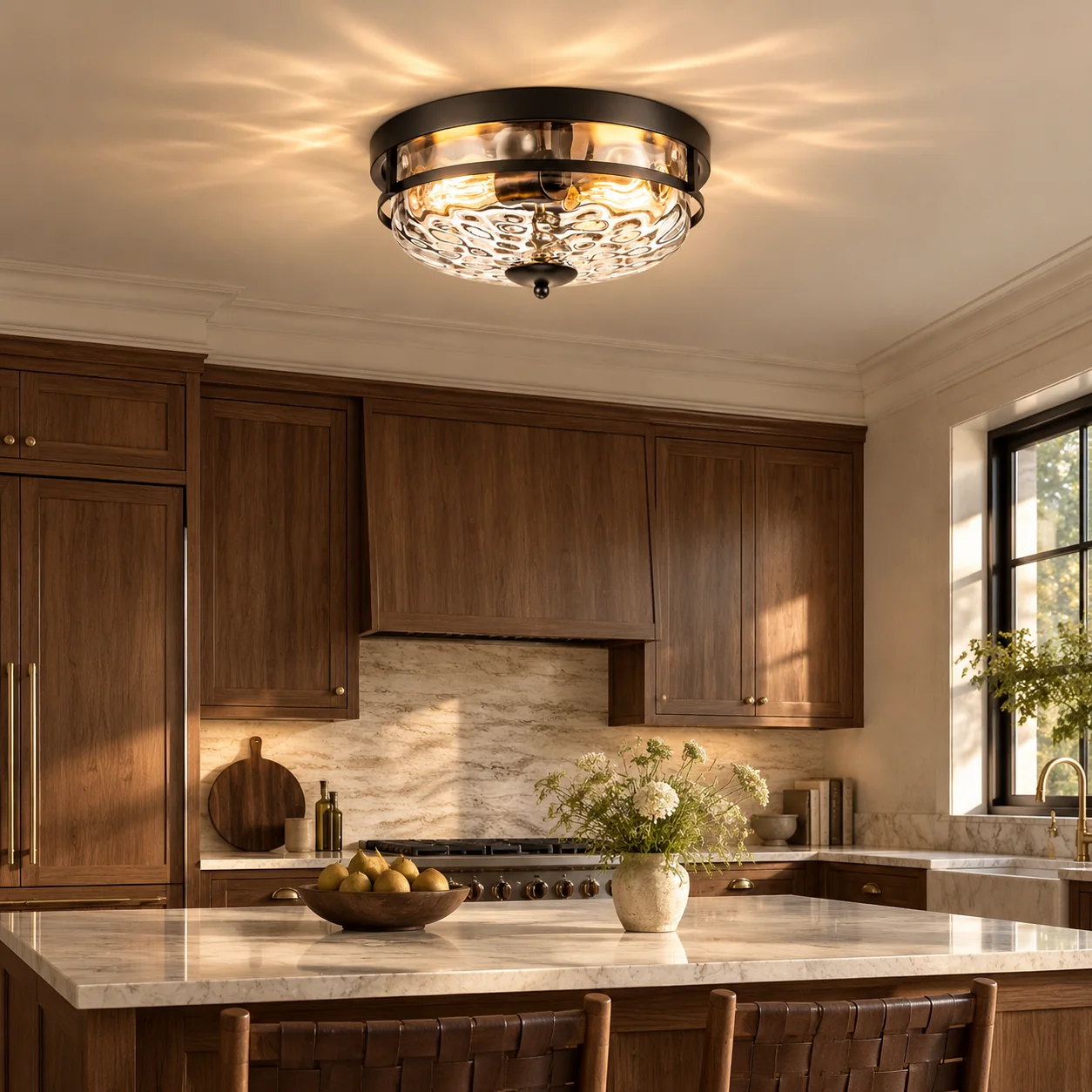 Hammered Glass Flush Ceiling Light with rippled clear glass and a broad glass shade - New2609-1024587 interior scene