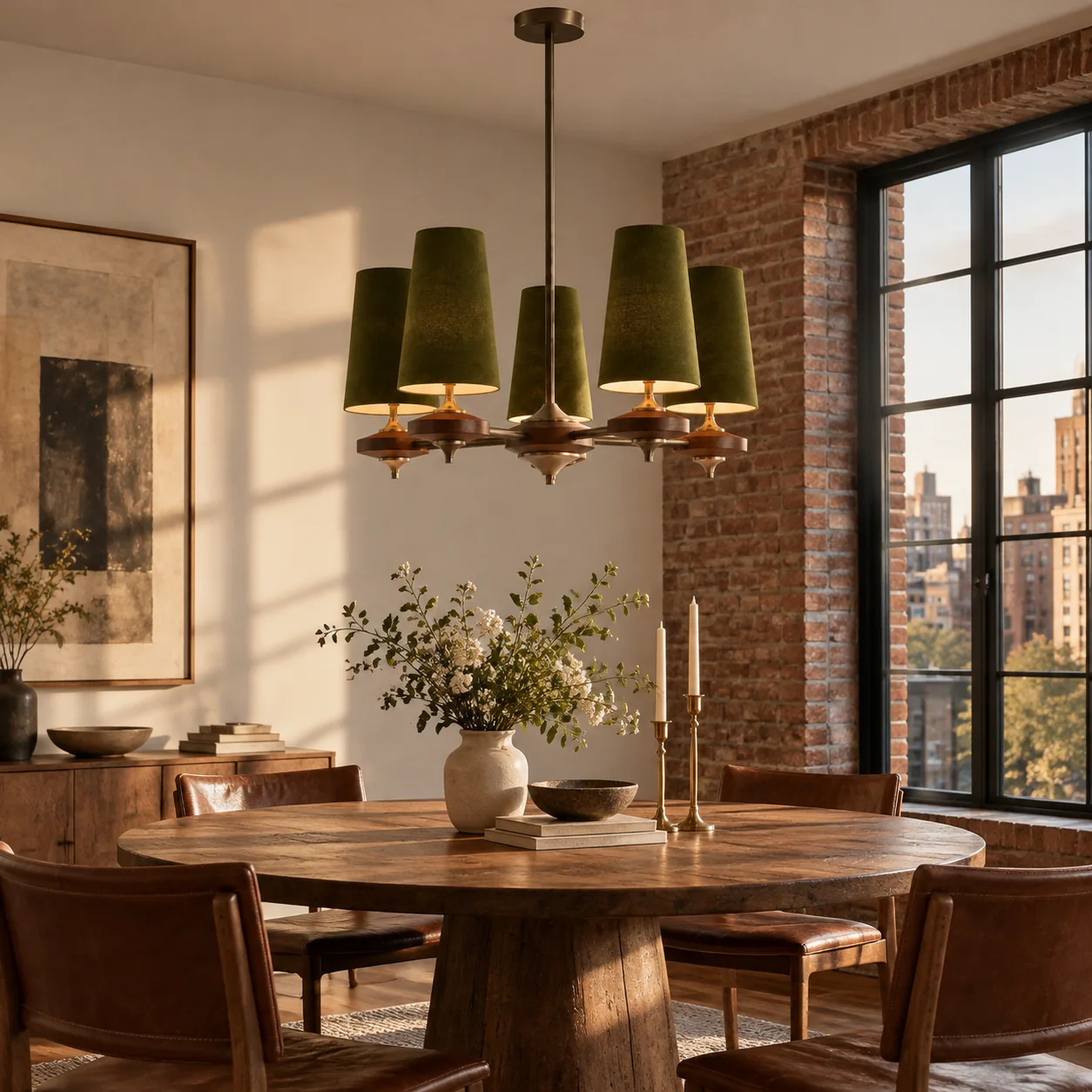Hour Rho Velvet Chandelier with velvet shades and walnut-toned wood - New2609-1024566 interior scene