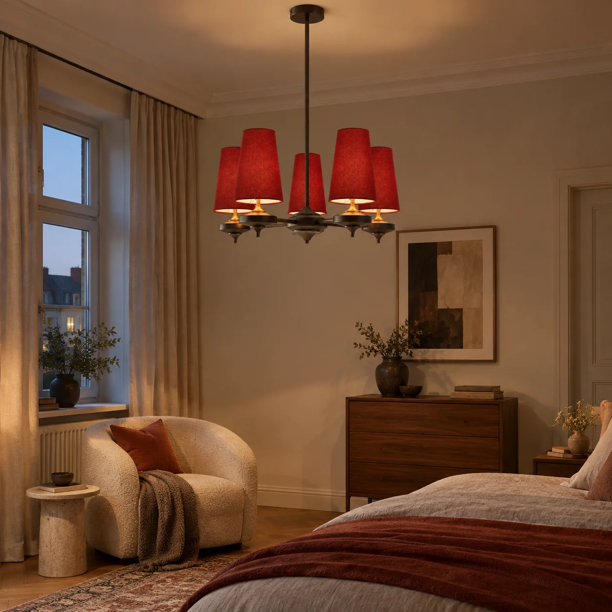 Hour Rho Velvet Chandelier with velvet shades and walnut-toned wood - New2609-1024565 interior scene