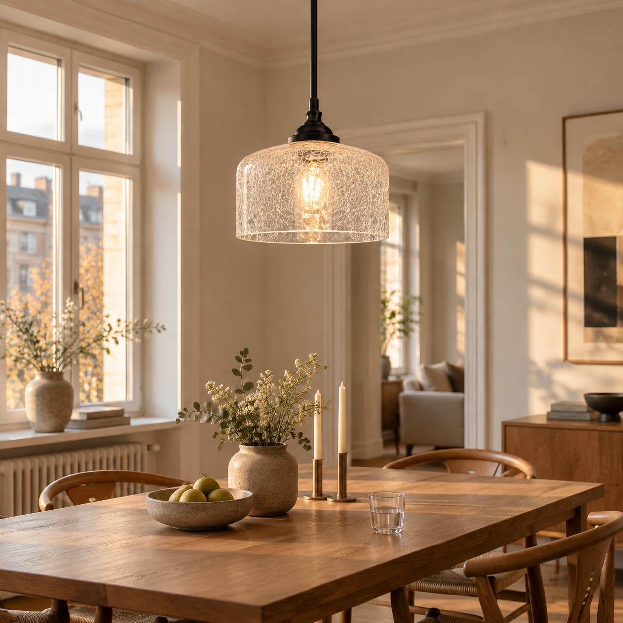 Vintage Glass Pendant Light with patterned glass and two shade sizes - New2609-1024527 interior scene