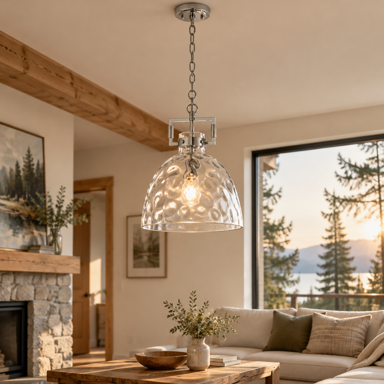 Hammered Glass Pendant Light with three metal finishes and minimal hardware - New2609-1024496 interior scene