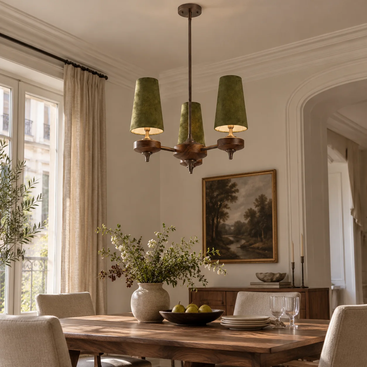Hour Rho Velvet Chandelier with velvet shades and walnut-toned wood - New2609-1024563 interior scene
