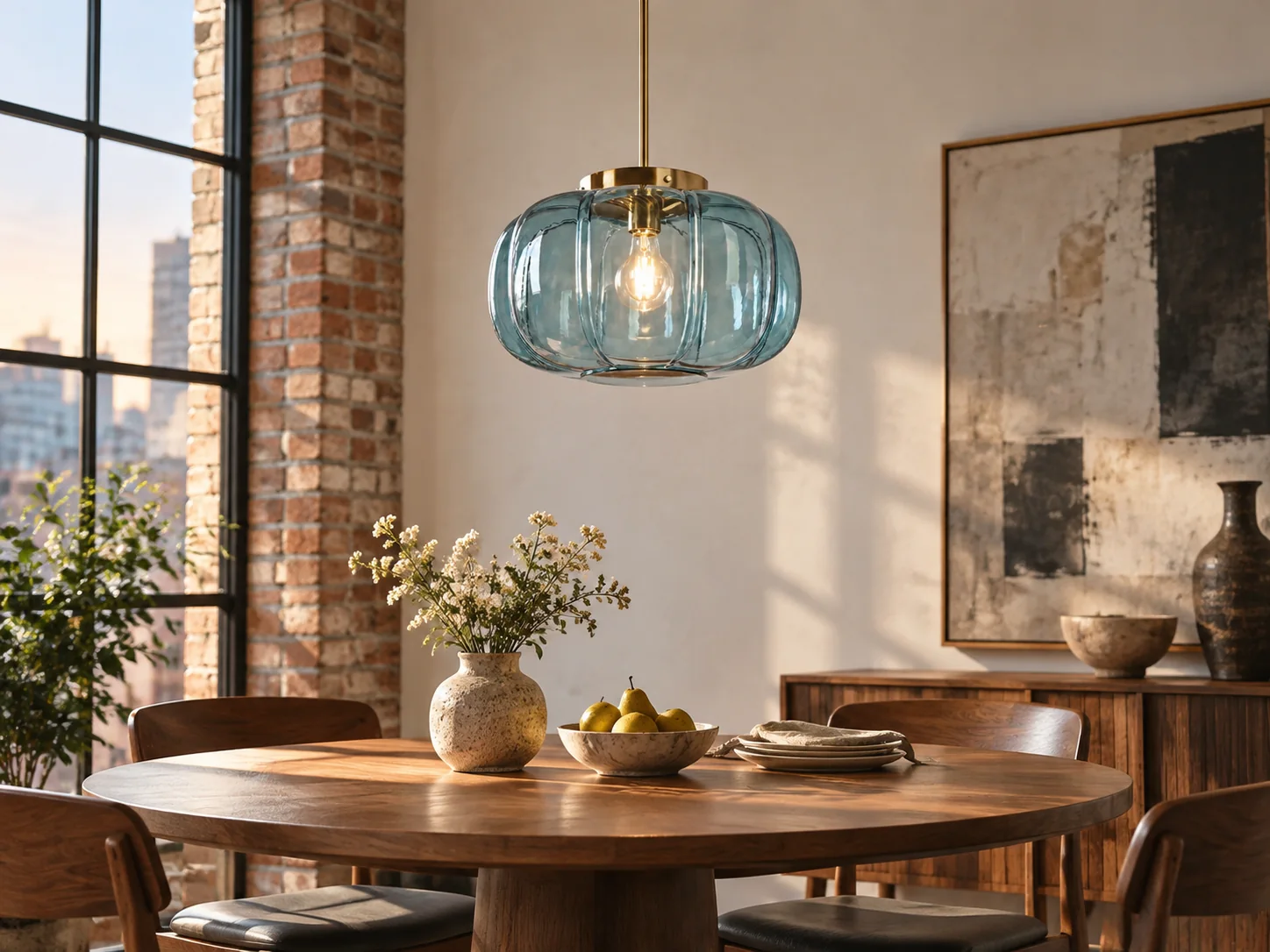 Ribbed Glass Dome Pendant with blue or clear glass and ribbed texture - New2609-1024640 interior scene