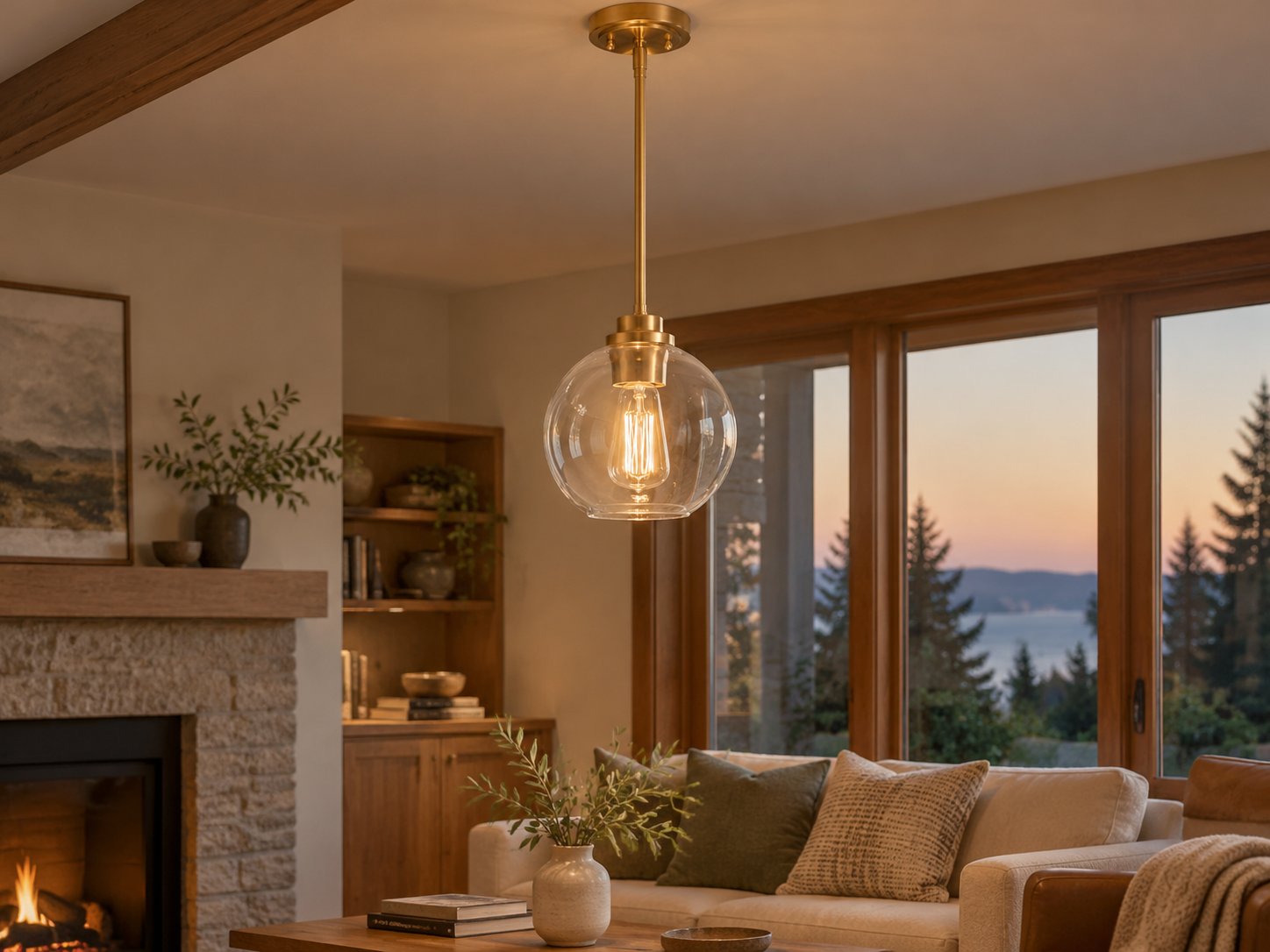 Clear Glass Globe Pendant with metal finish options and three styles - New2609-1024634 interior scene