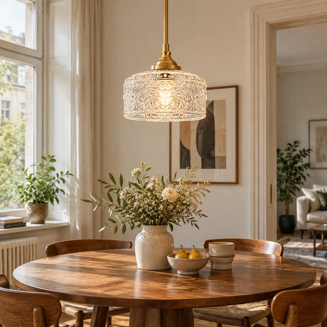 Vintage Glass Pendant Light with patterned glass and two shade sizes - New2609-1024536 interior scene