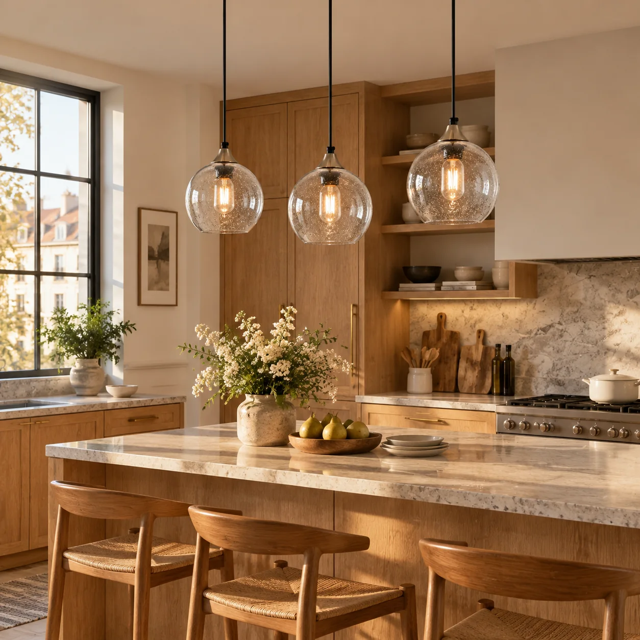 Bubble Glass Globe Pendant with a chrome mount and a bubble texture - New2609-1024458 interior scene