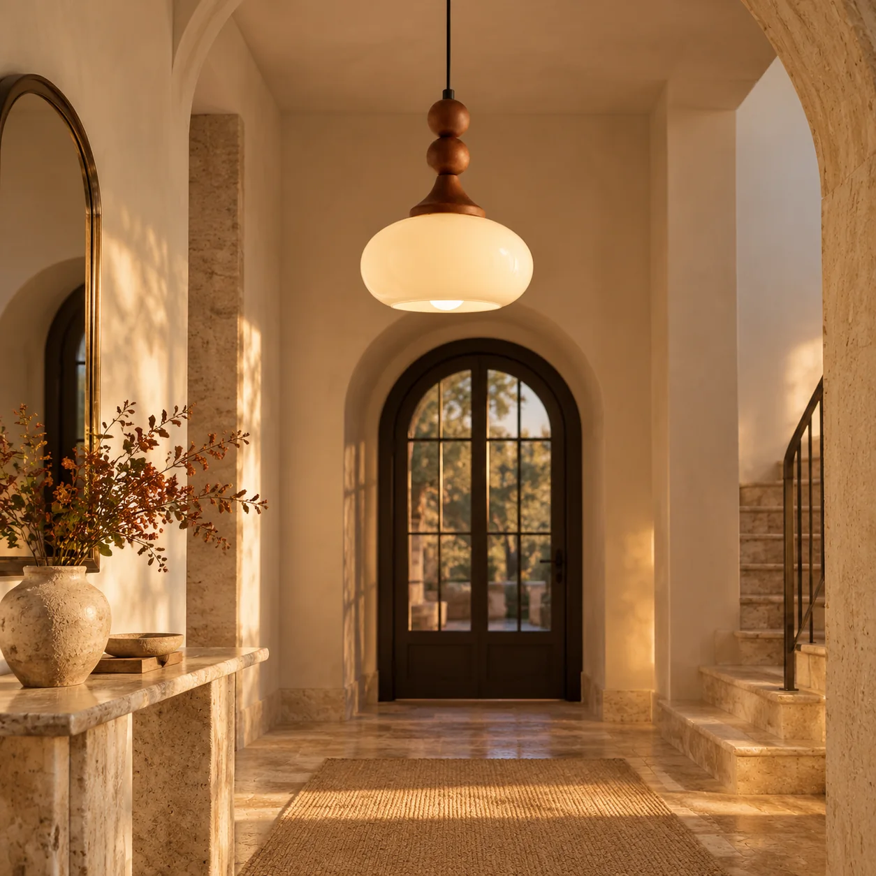 Shaped Glass Pendant Light with brown or cream and a single drop - New2609-1024582 interior scene