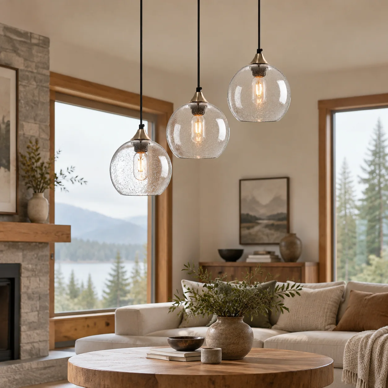 Bubble Glass Globe Pendant with a chrome mount and a bubble texture - New2609-1024476 interior scene