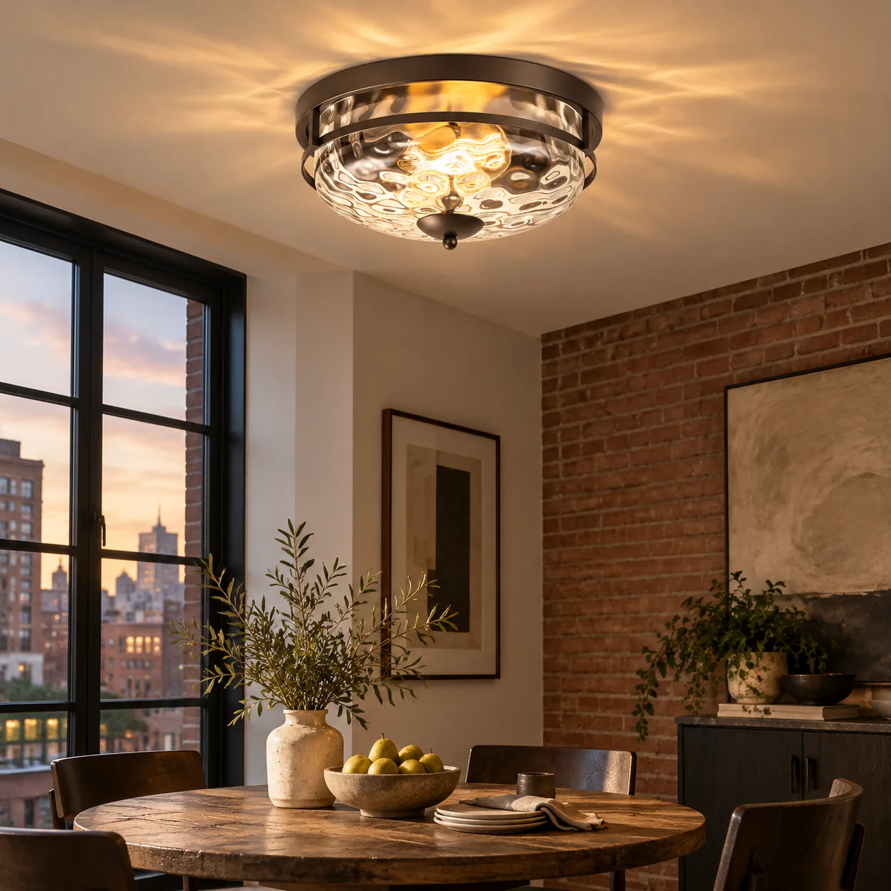Hammered Glass Flush Ceiling Light with rippled clear glass and a broad glass shade - New2609-1024588 interior scene