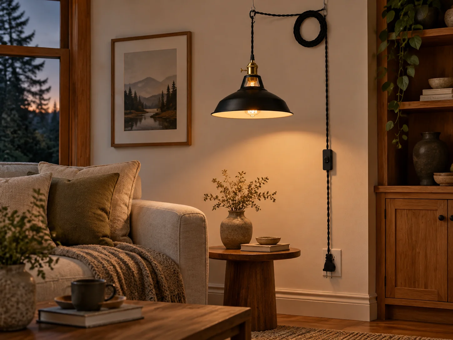 Farmhouse Plug-In Pendant with a braided cord and shade colour choices - New2609-1024609 interior scene