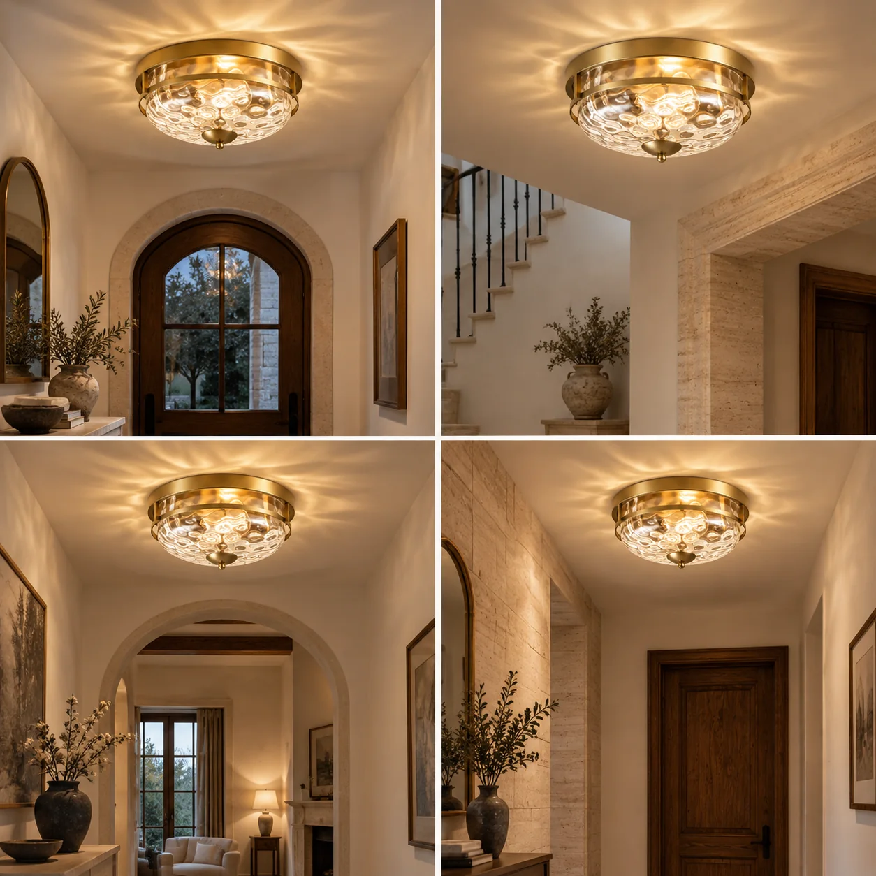 Hammered Glass Flush Ceiling Light with rippled clear glass and a broad glass shade - New2609-1024589 interior scene