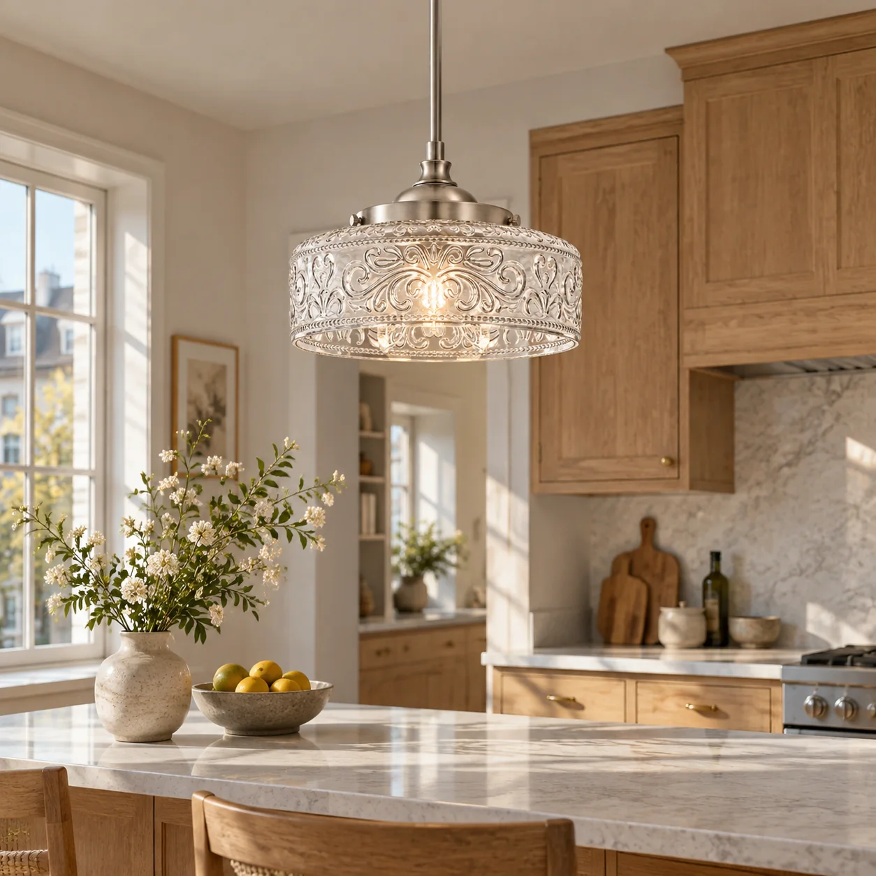 Vintage Glass Pendant Light with patterned glass and two shade sizes - New2609-1024541 interior scene